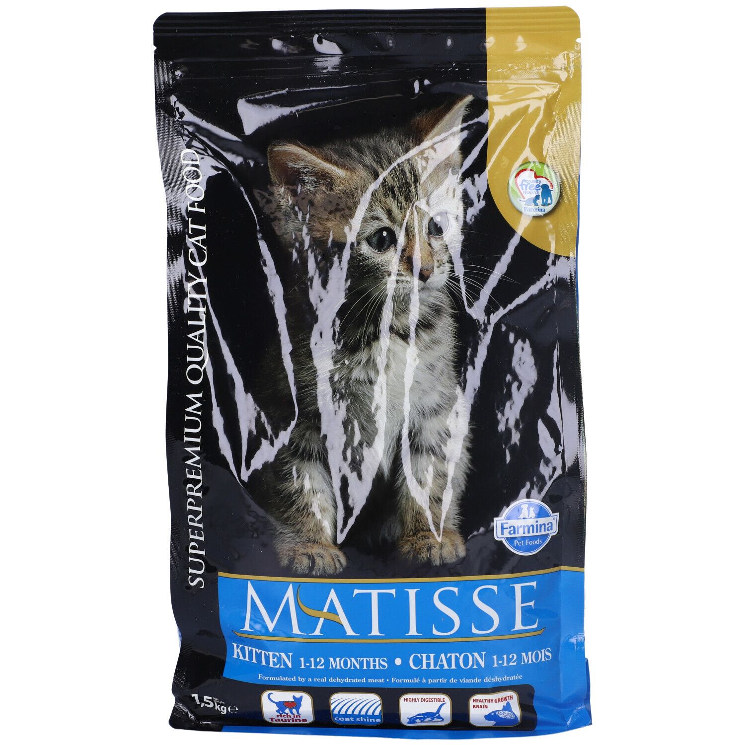 Confezione di cibo per gatti Matisse Kitten. Immagine di gattino. Logo Farmina. Confezione blu e nera.