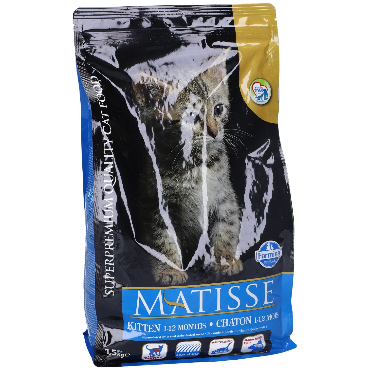 Confezione di cibo per gatti Matisse Kitten. Immagine di gattino. Logo Farmina. Confezione blu e nera.