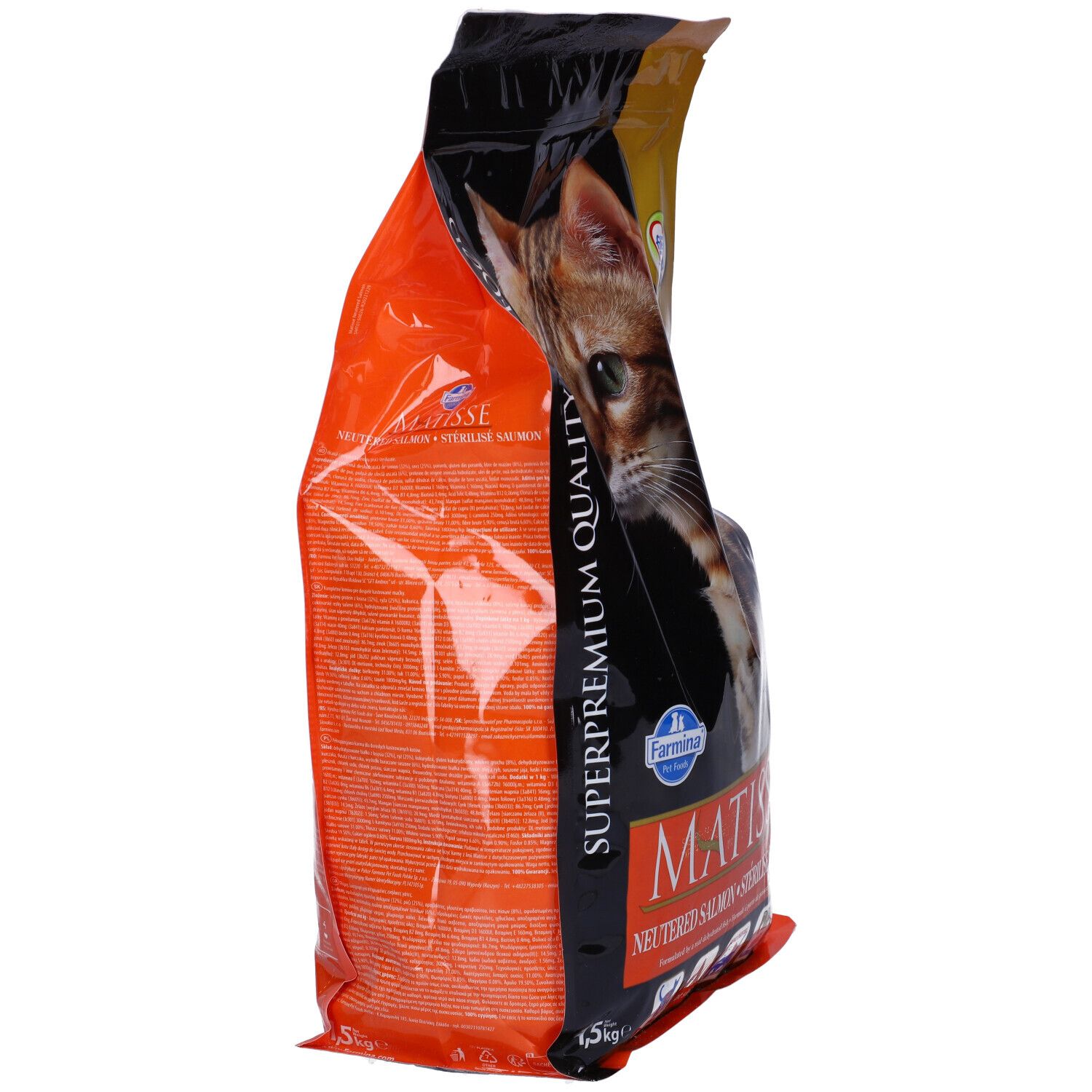 Sacchetto cibo per gatti, vista laterale. Scritto: Matisse, gatto. Logo Farmina. 1,5 kg.