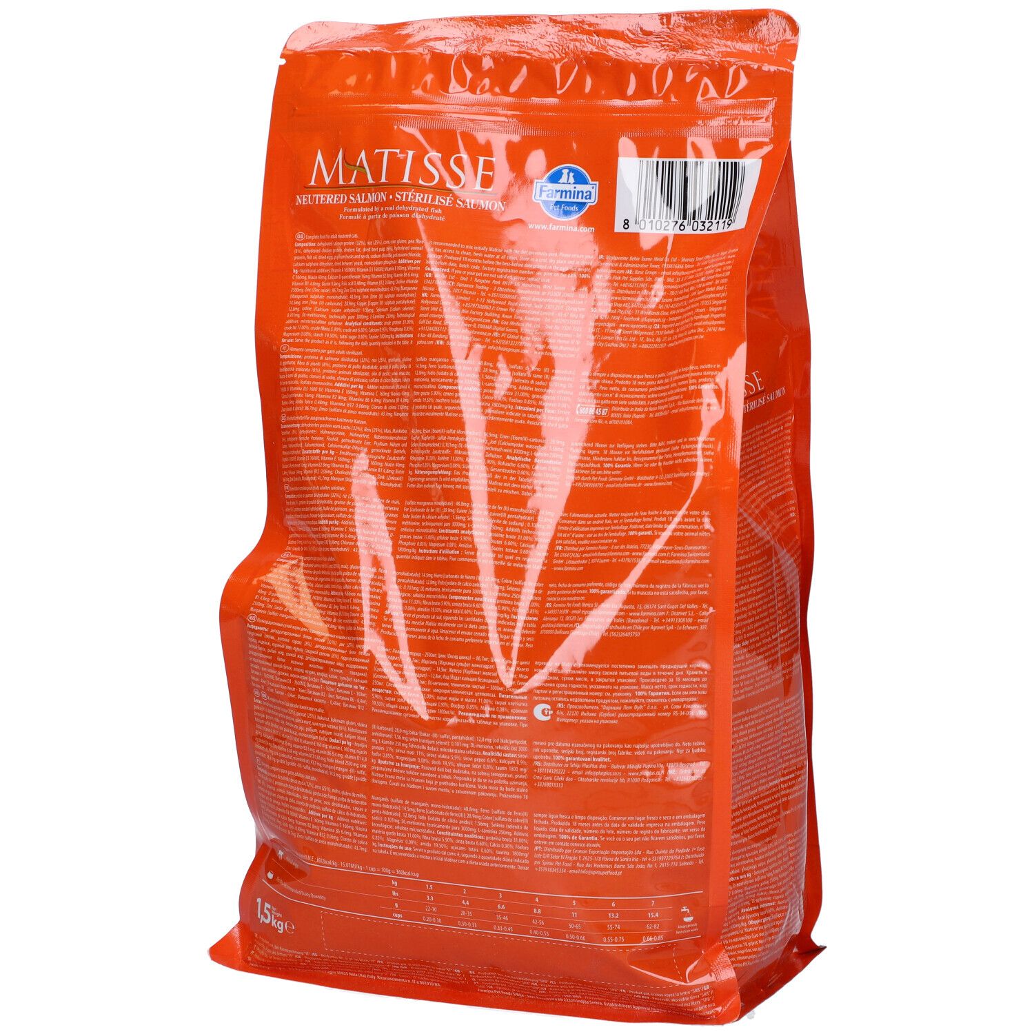 Retro del sacchetto cibo per gatti. Scritto: Matisse, 1,5 kg, testo. Codice a barre.