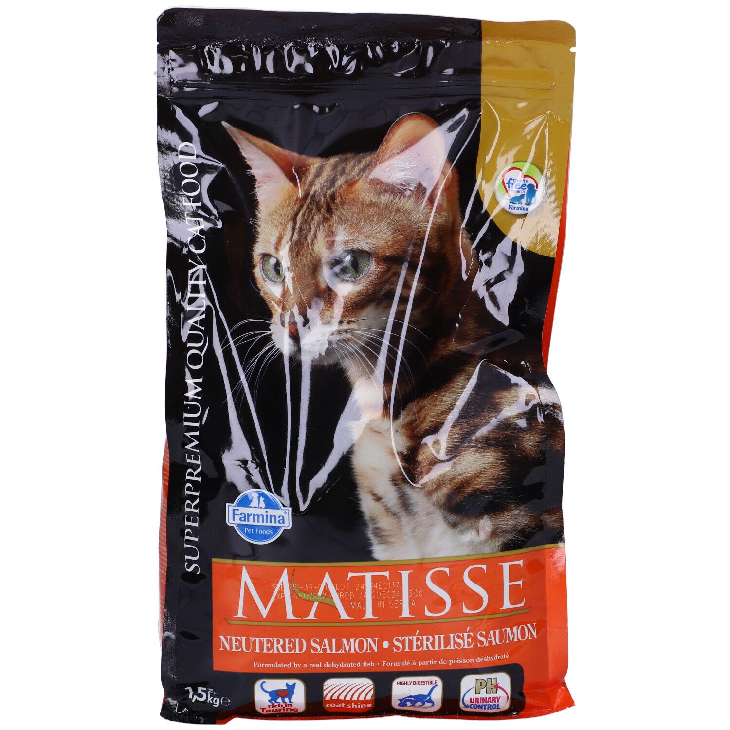 Sacchetto cibo per gatti. Scritto: Matisse, Salmone Sterilizzato, gatto. Logo Farmina. 1,5 kg.