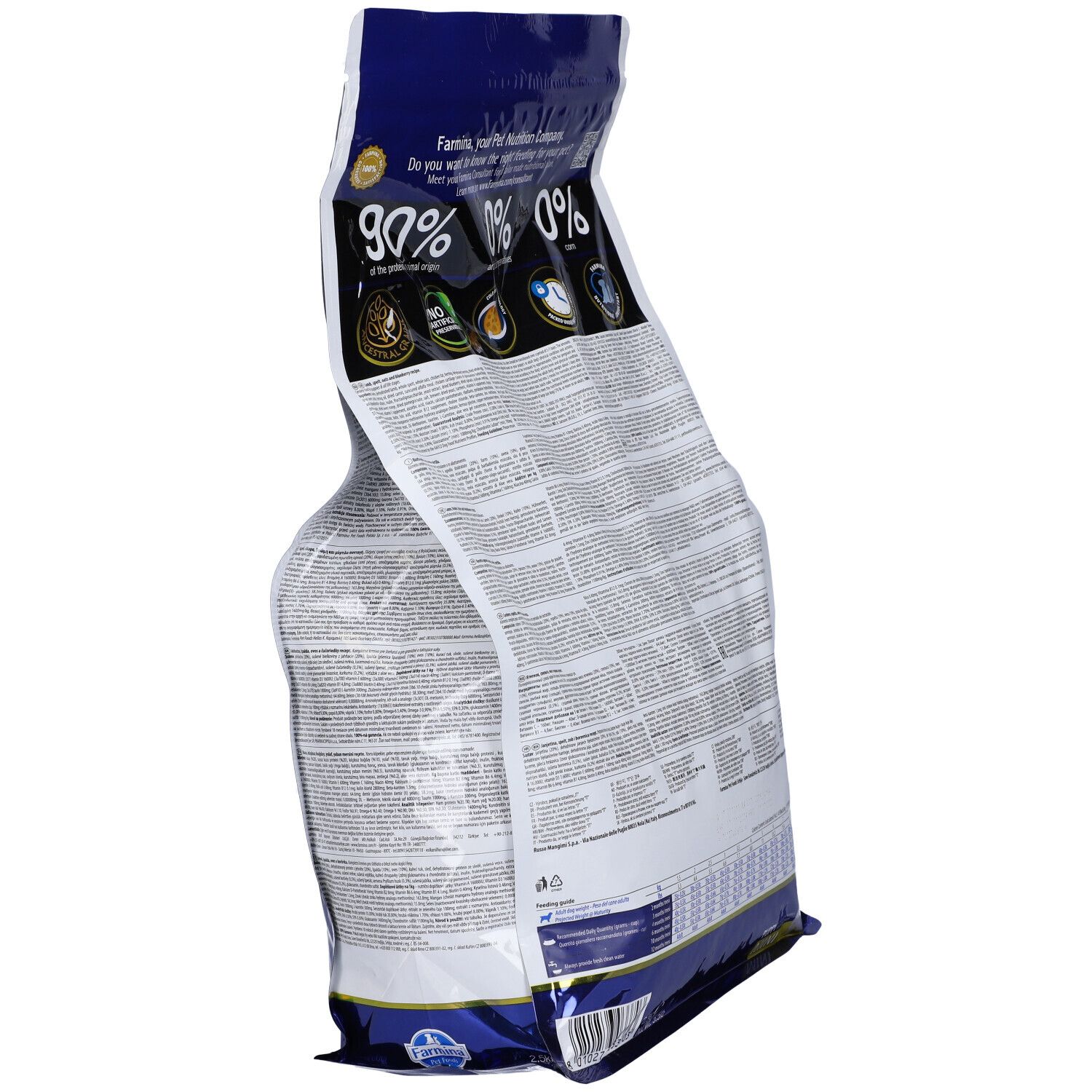 Retro della confezione di cibo secco, in diagonale. Testo e grafica. Scritta: Farmina, 90% origine animale, 0% cereali, 0% conservanti artificiali.