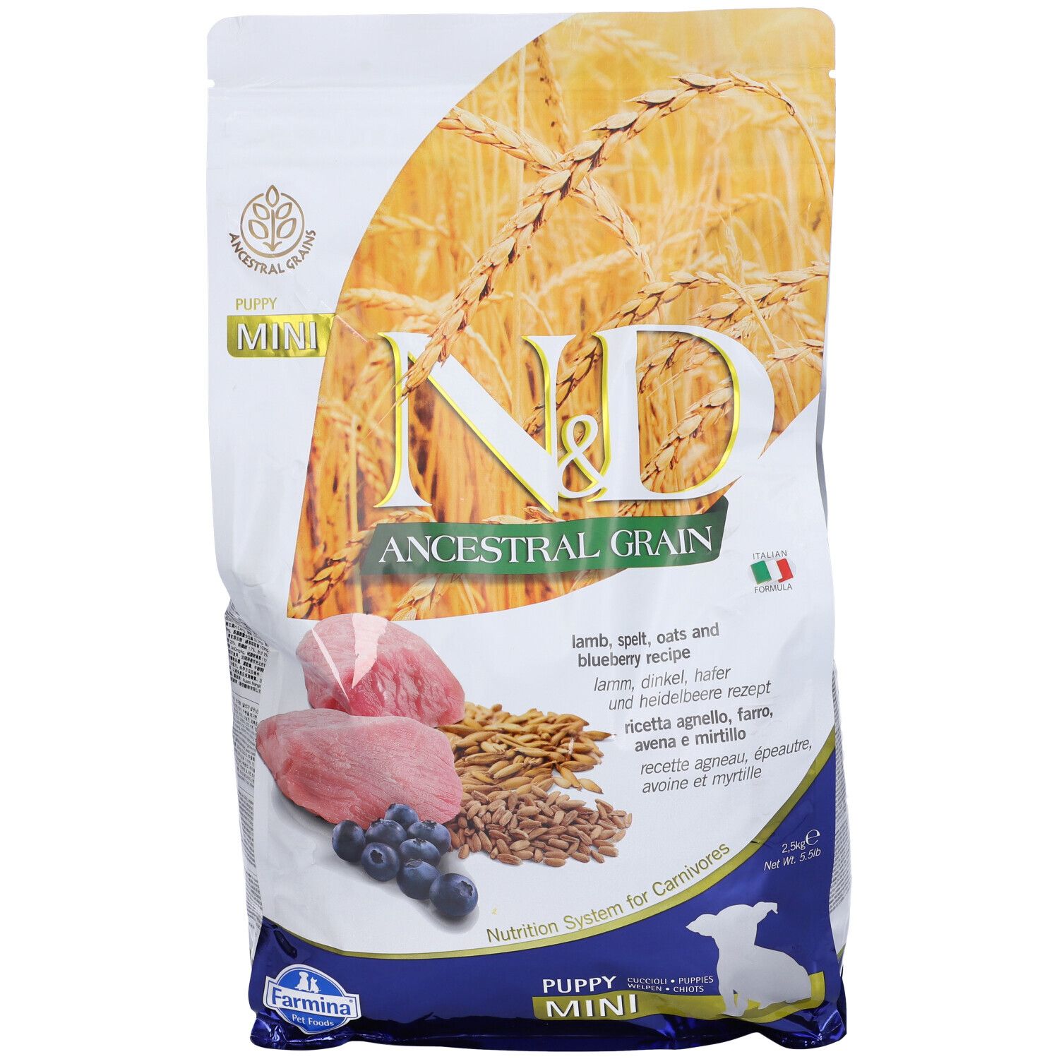 Confezione di cibo secco. Scritta: N&D Ancestral Grain, Mini, Puppy. Immagine di agnello, mirtilli e cereali. Bandiera italiana.