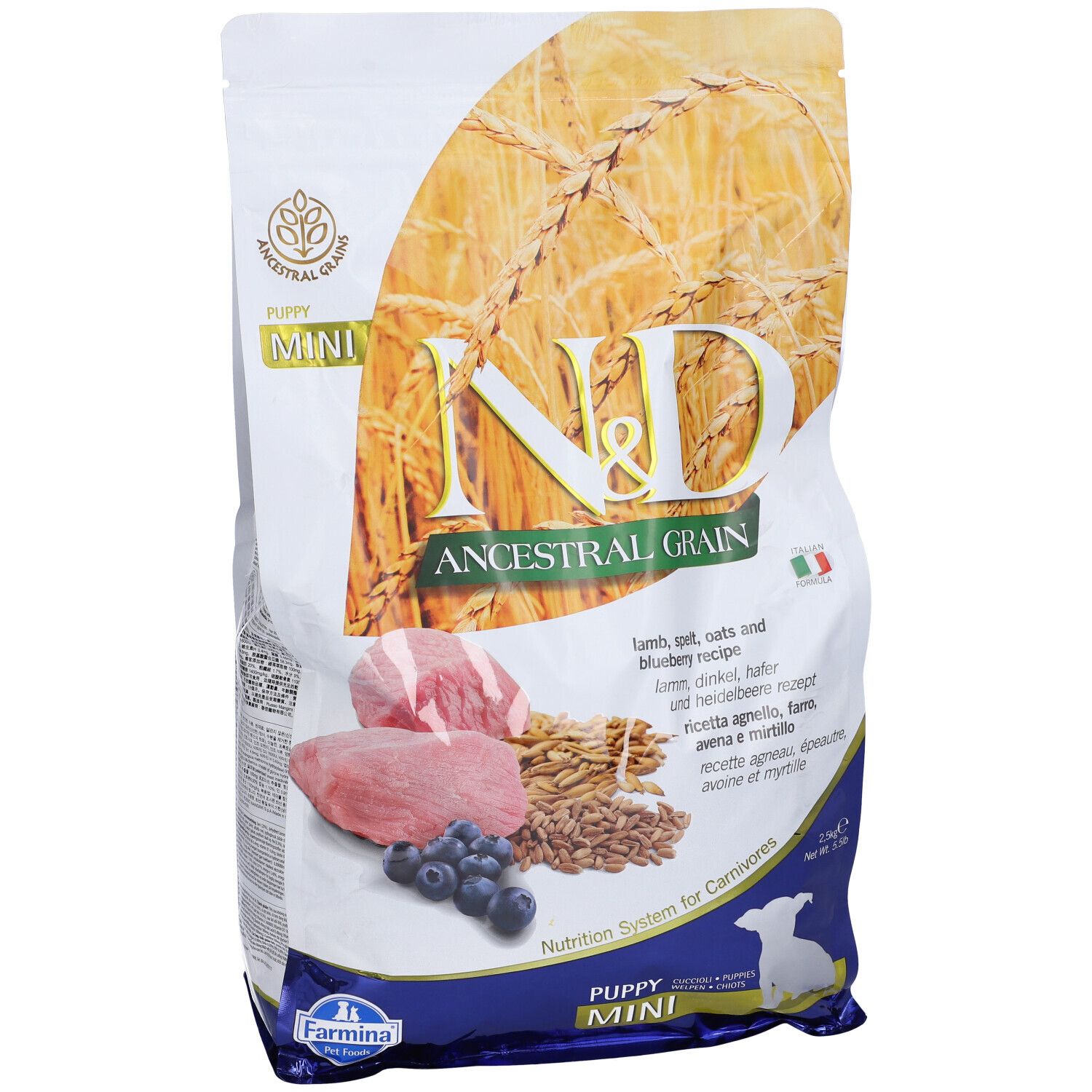 Confezione di cibo secco. Scritta: N&D Ancestral Grain, Mini, Puppy. Immagine di agnello, mirtilli e cereali. Bandiera italiana.