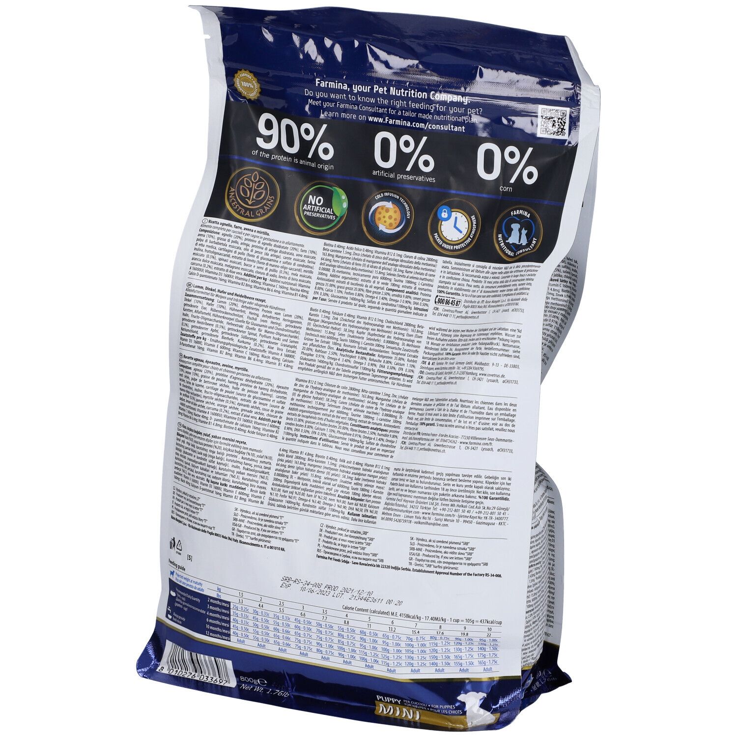 Retro del sacchetto di cibo secco. Testo: 90% di origine animale, senza conservanti artificiali, senza OGM.