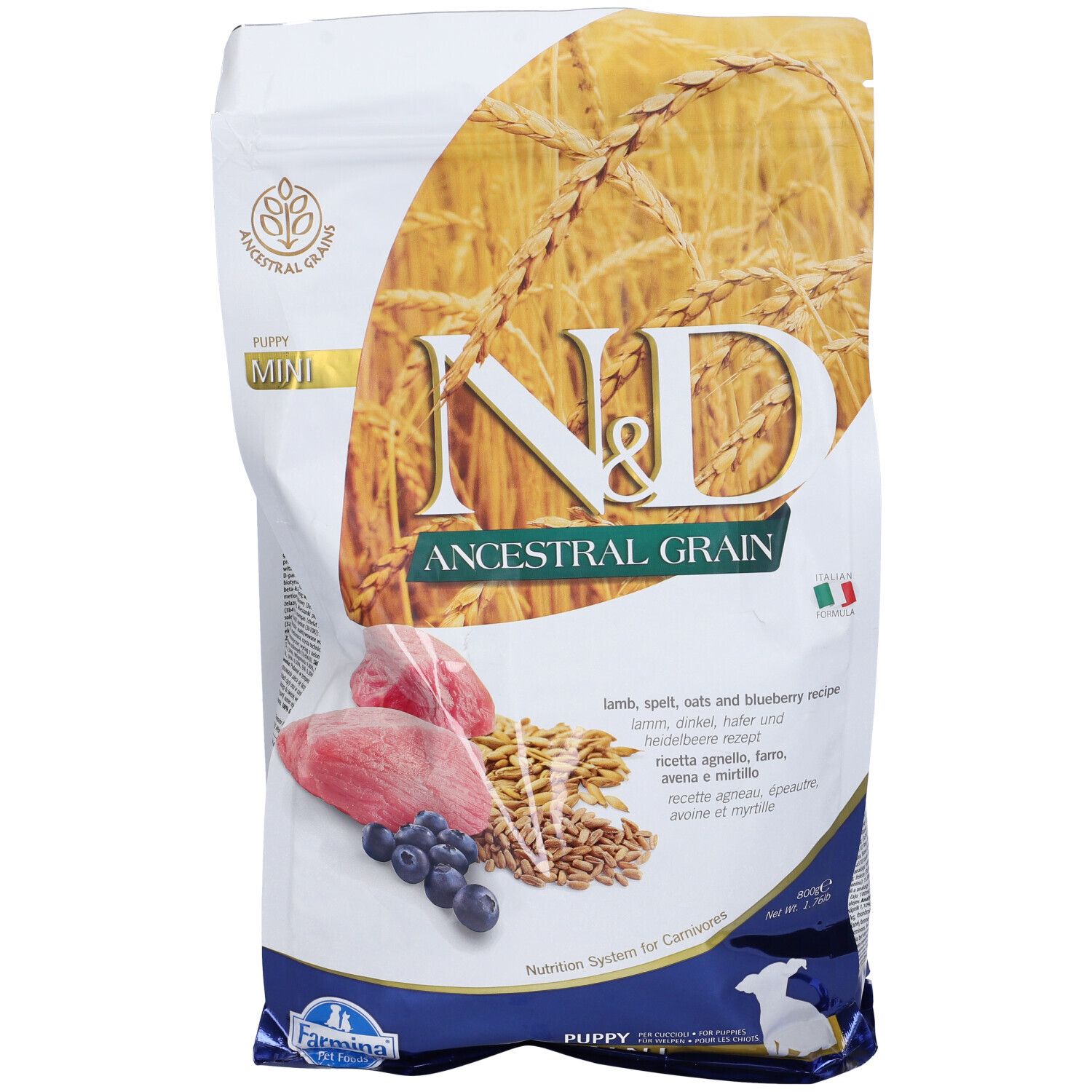 Sacchetto di cibo secco con logo N&D, illustrazione di cereali, immagini di ingredienti. Testo: Ancestral Grain, Puppy Mini.