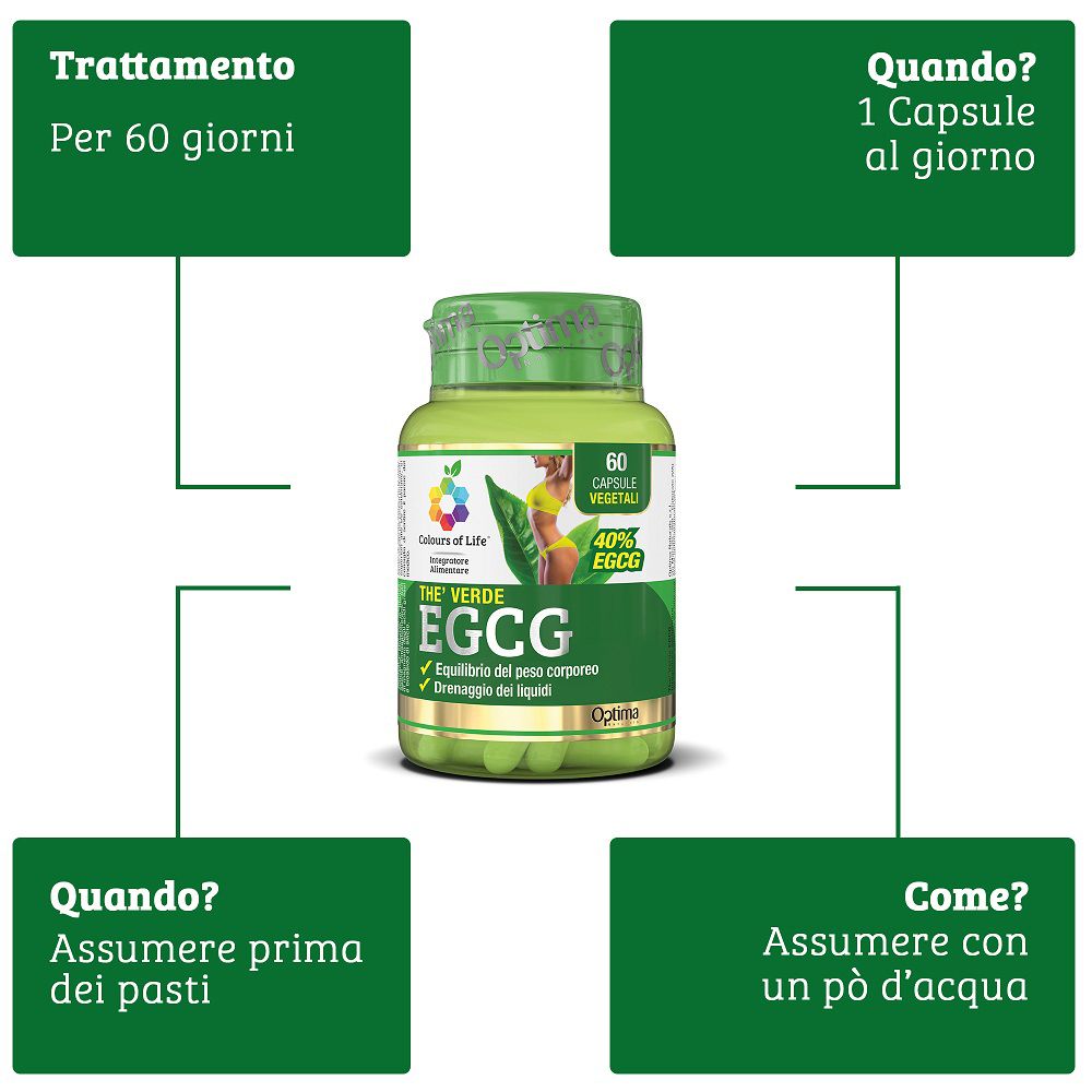 Flacone verde da 60 capsule vegetali, 40% EGCG, con istruzioni per l'uso.