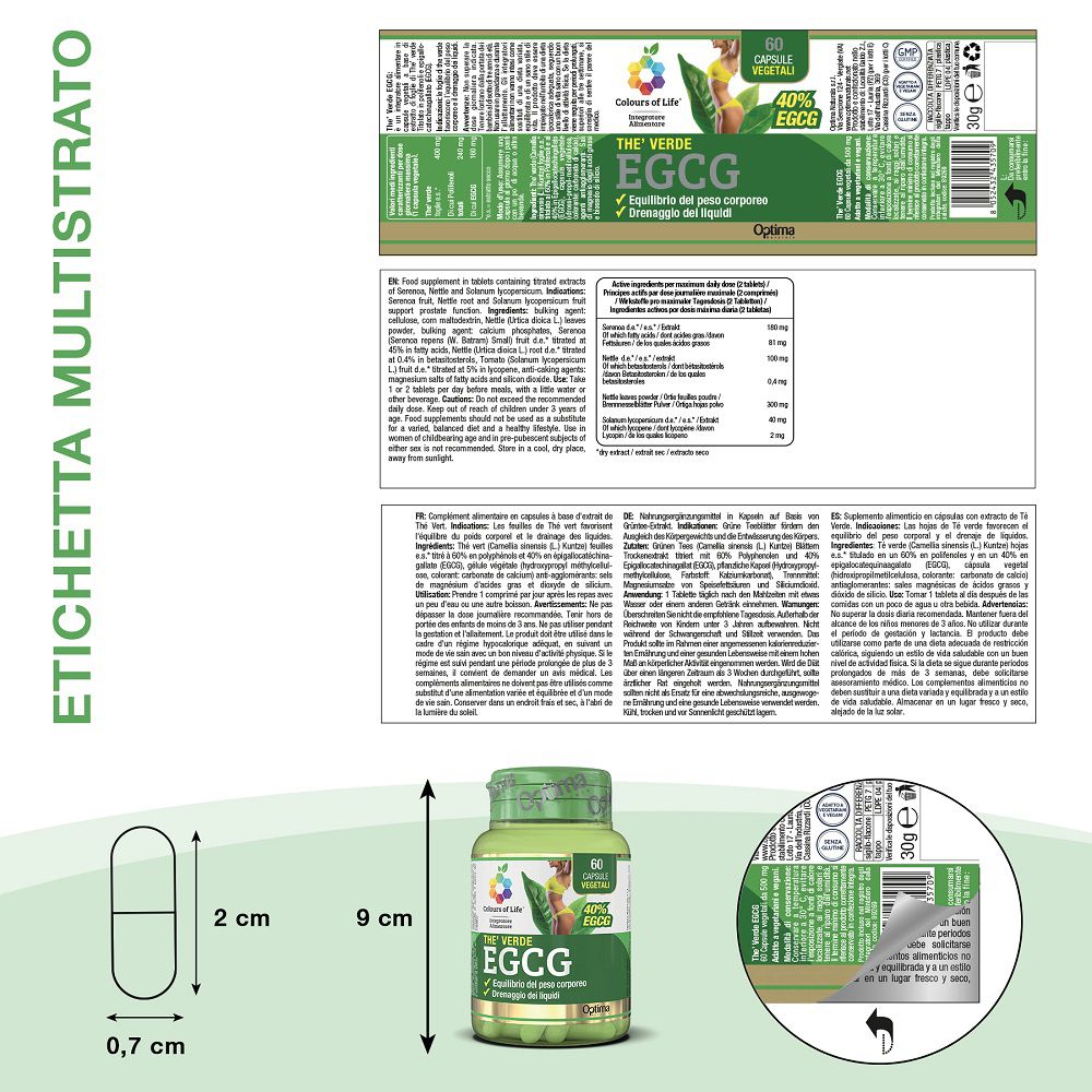 Flacone verde, 60 capsule vegetali, 40% EGCG, con etichetta e dimensioni capsula.