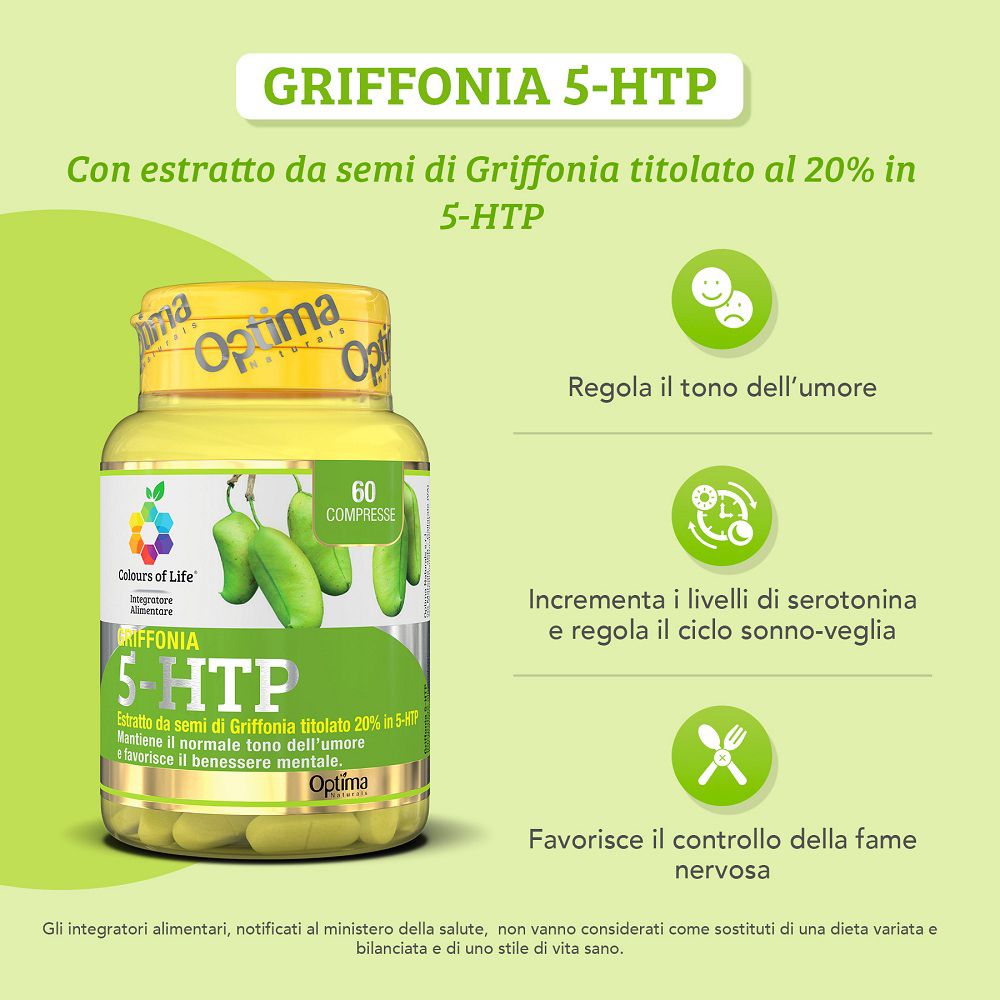 Informazioni sul prodotto "Griffonia 5-HTP" con immagine del contenitore, icone e testo sulla regolazione dell'umore e del sonno.