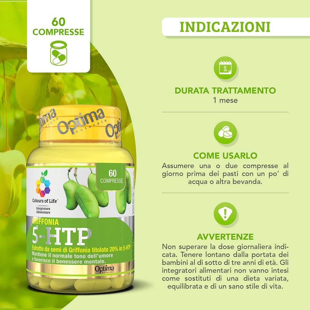 Contenitore del prodotto, indicazioni d'uso e avvertenze per "Griffonia 5-HTP" con icone per durata del trattamento e uso.