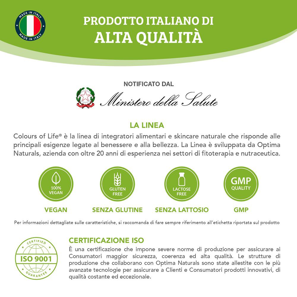 Informazioni sul prodotto: "Made in Italy", "Alta Qualità", "Notificato dal Ministero della Salute", sigilli Vegan, Senza Glutine, Senza Lattosio, GMP.