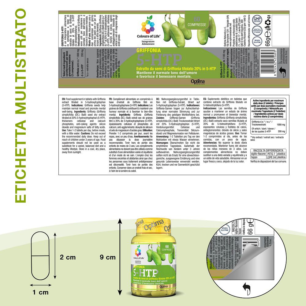 Dettagli etichetta e dimensioni: capsula (1x2 cm), contenitore (alto 9 cm), con "Griffonia 5-HTP" e informazioni sul prodotto.