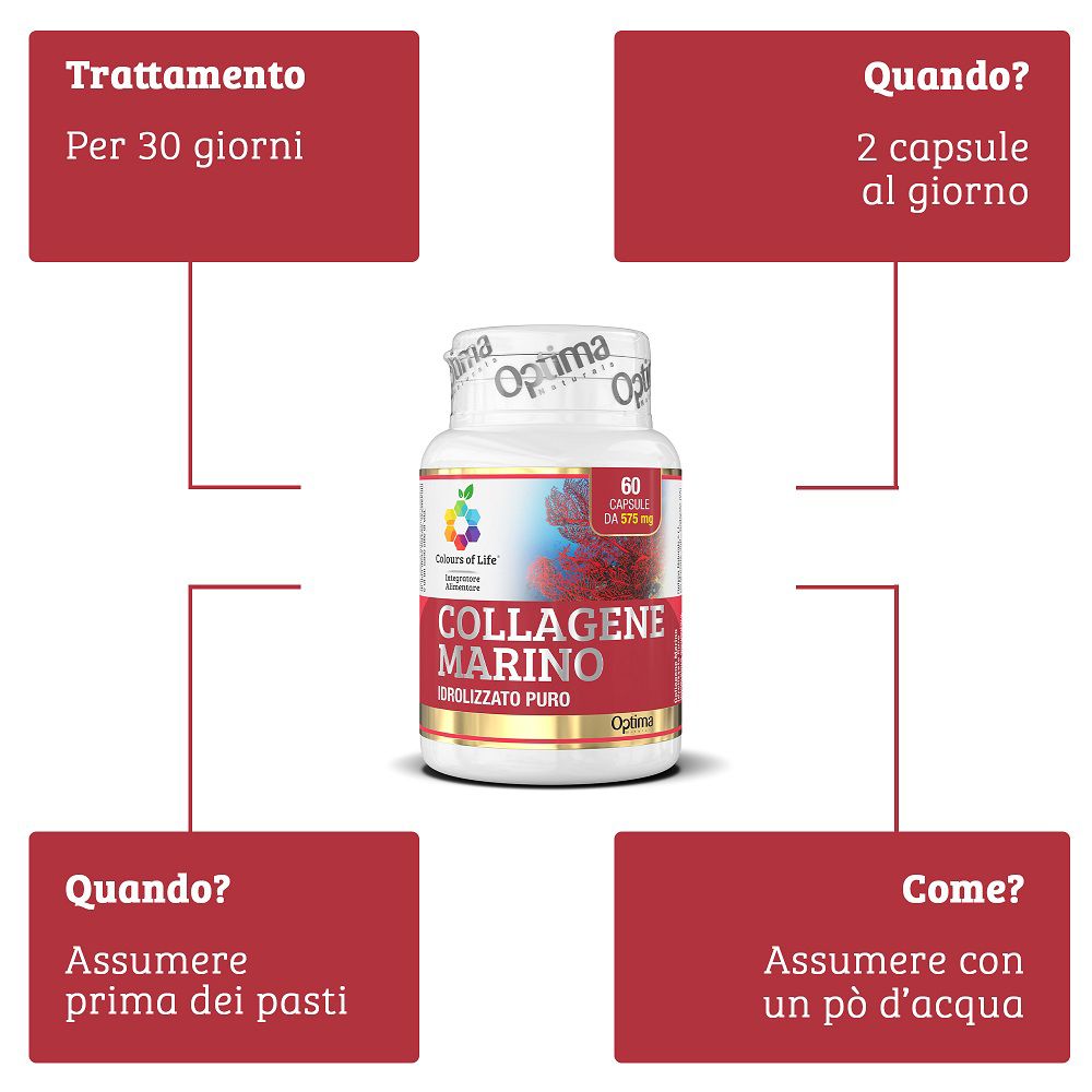 Flacone da 60 capsule "Collagen Marino" e indicazioni d'uso.