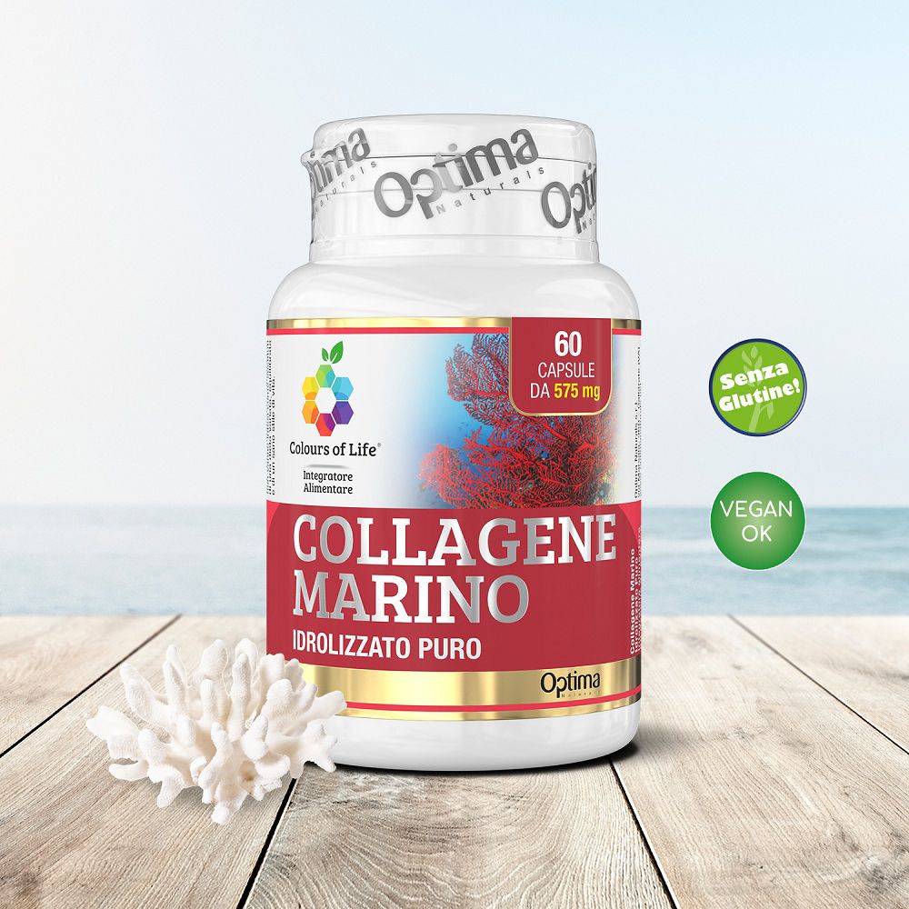 Flacone "Collagen Marino" con certificazioni "Vegan OK" e "Senza Glutine".
