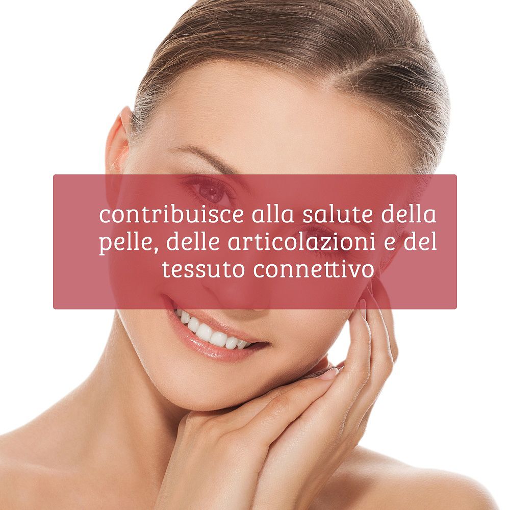 Ritratto di donna con testo "contribuisce alla salute della pelle, delle articolazioni e del tessuto connettivo".