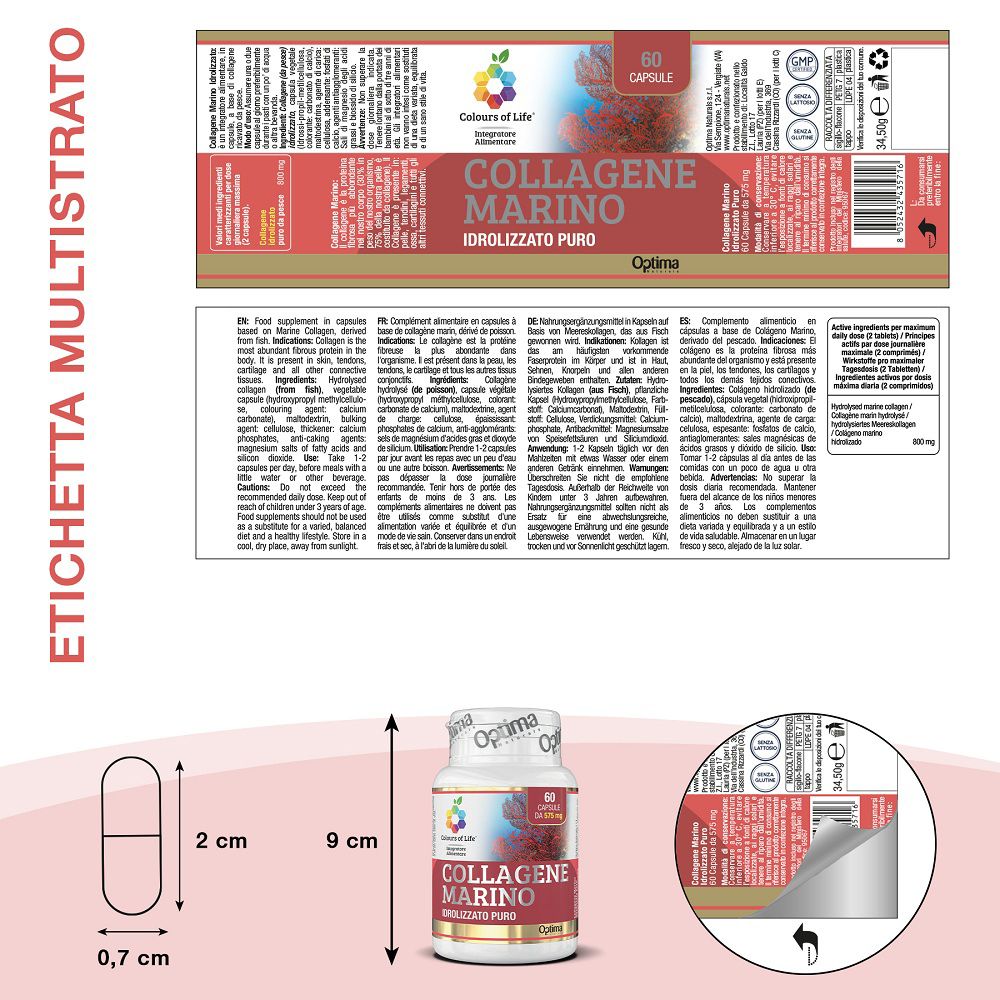 Confezione e dettagli di "Collagen Marino Idrolizzato Puro" con misure.