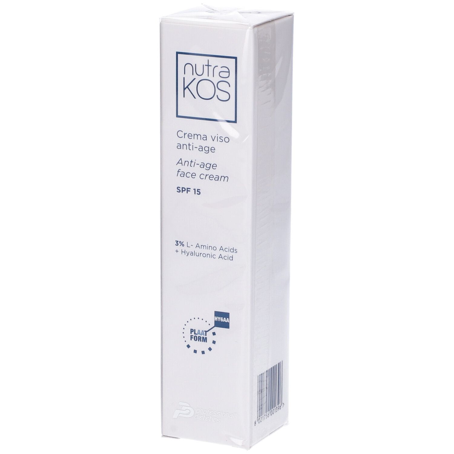 Scatola bianca. Scritta: nutraKOS, Crema viso anti-age, Anti-age face cream, SPF 15, 3% L-Amino Acids + Hyaluronic Acid. Con sigillo.
