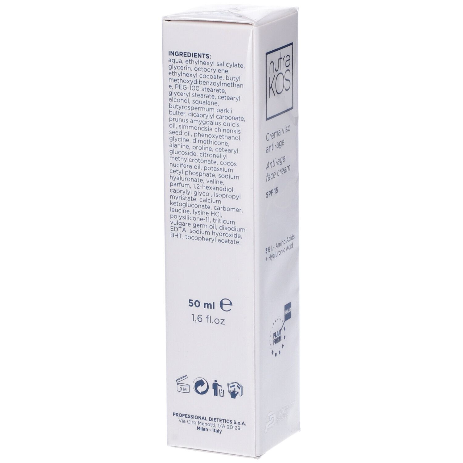Scatola bianca. Scritta: nutraKOS, Crema viso anti-age, Anti-age face cream, SPF 15, 3% L-Amino Acids + Hyaluronic Acid. Con sigillo.
