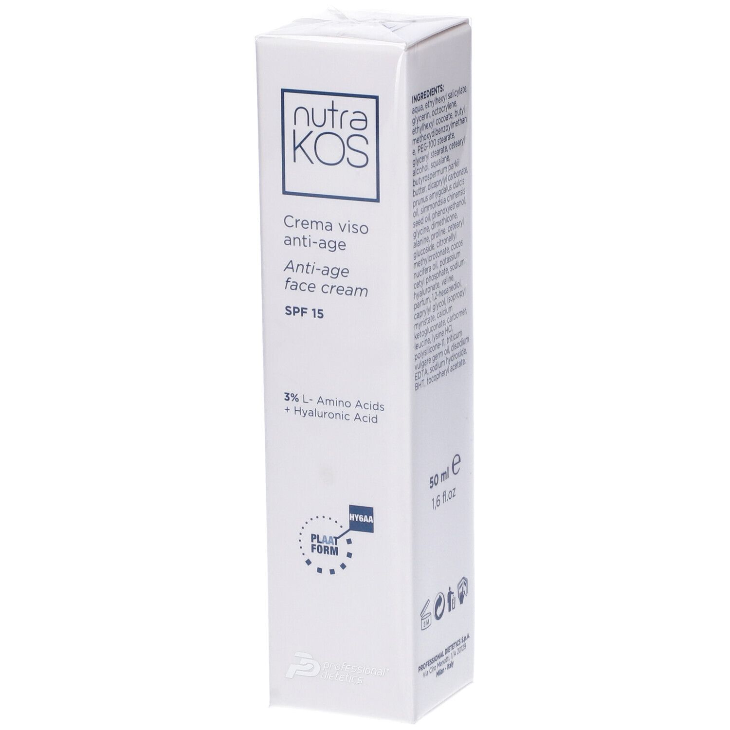 Scatola bianca. Scritta: nutraKOS, Crema viso anti-age, Anti-age face cream, SPF 15, 3% L-Amino Acids + Hyaluronic Acid. Con sigillo.