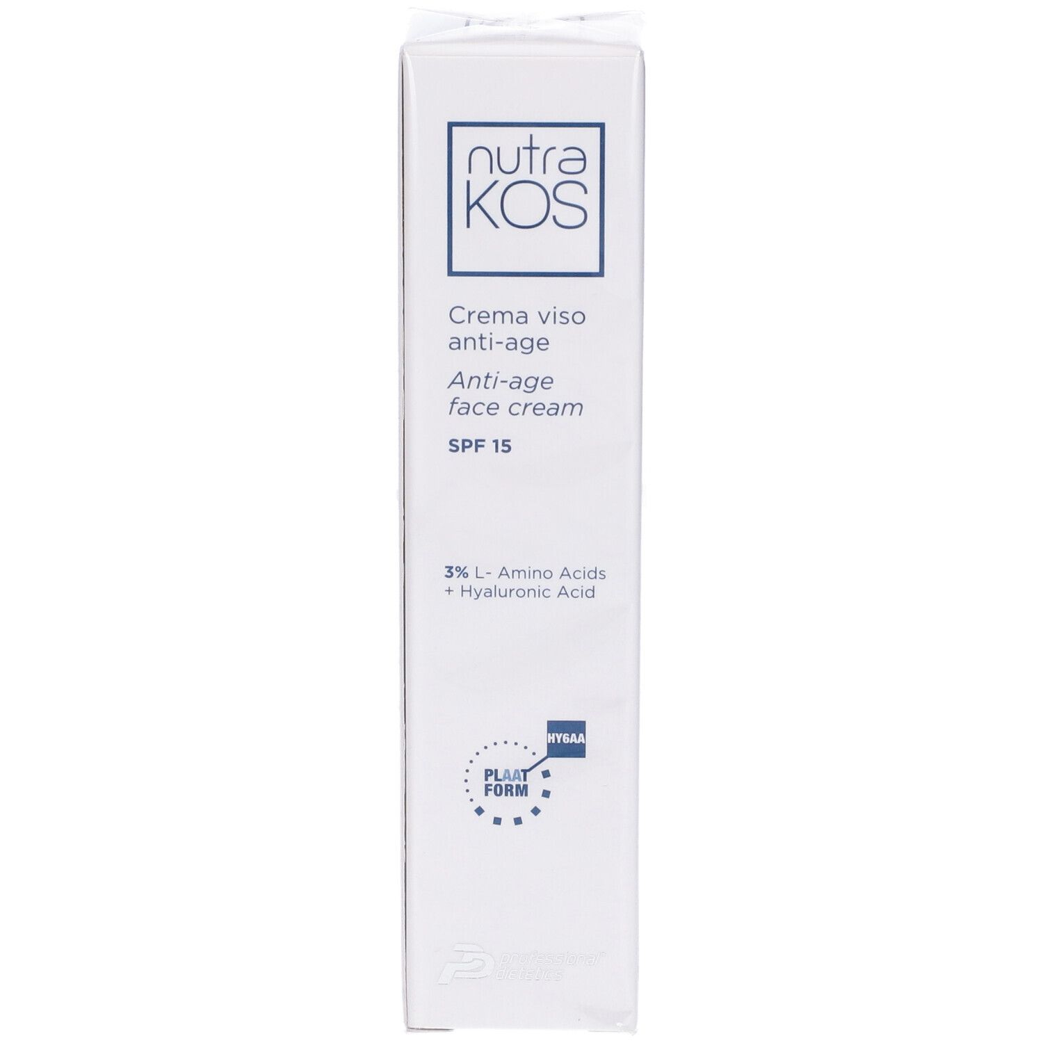 Scatola bianca. Scritta: nutraKOS, Crema viso anti-age, Anti-age face cream, SPF 15, 3% L-Amino Acids + Hyaluronic Acid. Con sigillo.