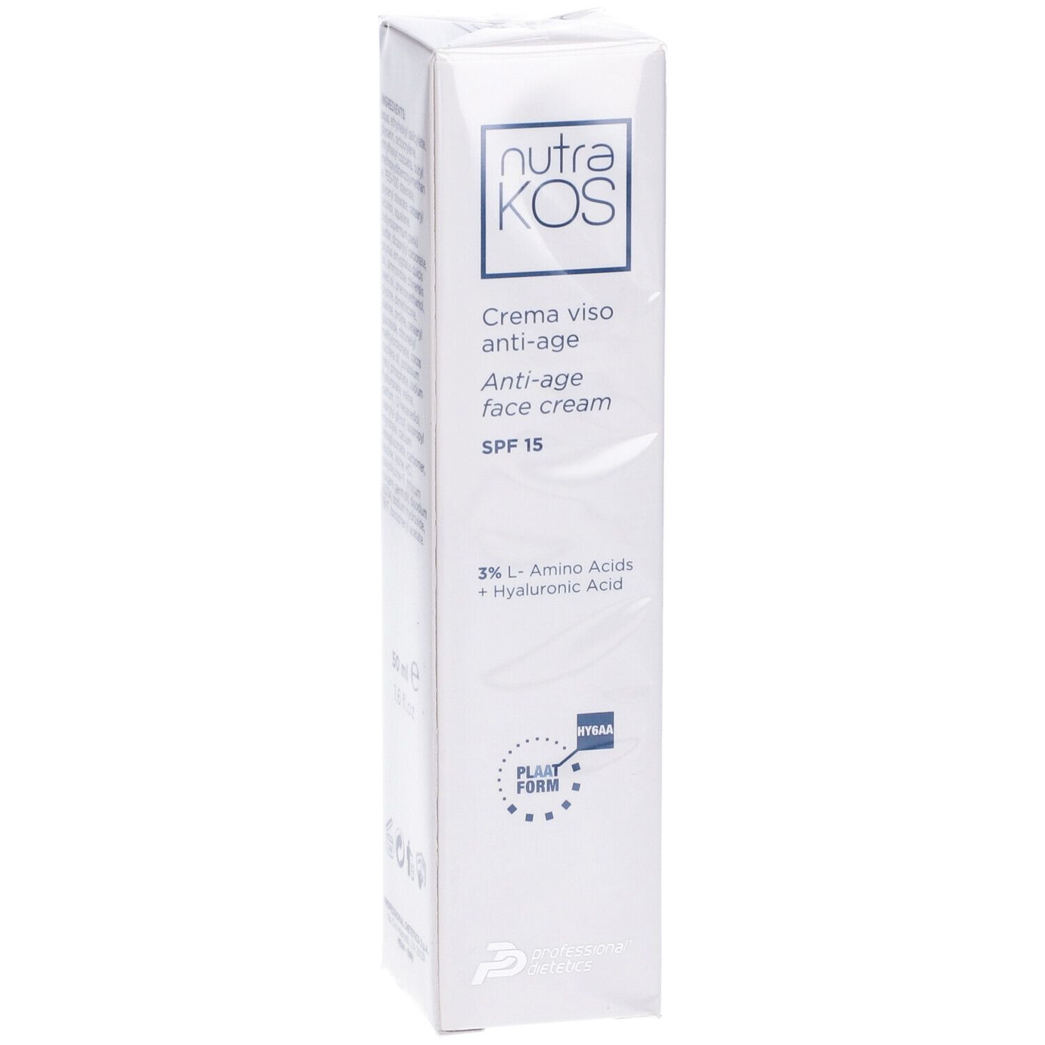 Scatola bianca. Scritta: nutraKOS, Crema viso anti-age, Anti-age face cream, SPF 15, 3% L-Amino Acids + Hyaluronic Acid. Con sigillo.