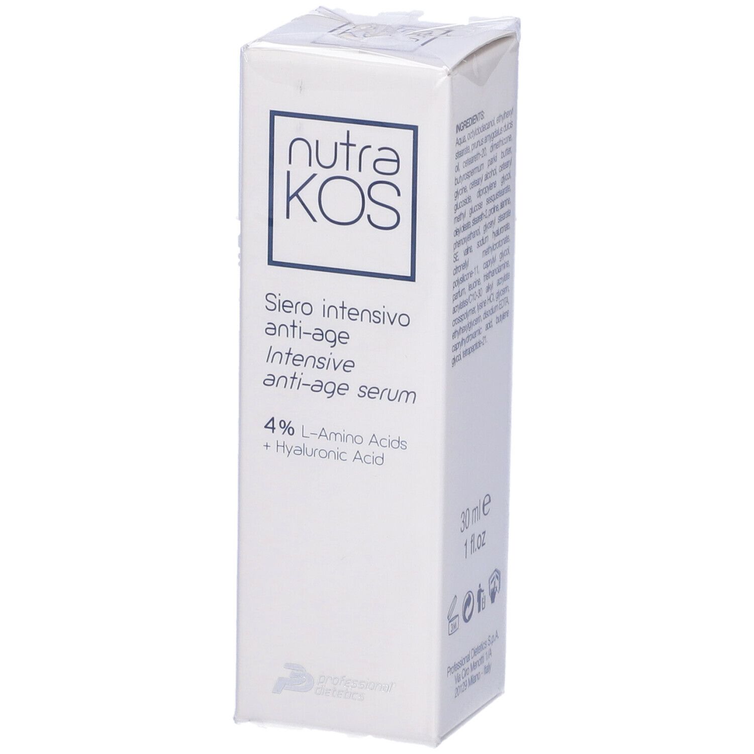Scatola bianca con scritta: nutraKOS, Siero intensivo anti-age, 4% Aminoacidi L + Acido Ialuronico. 30 ml.