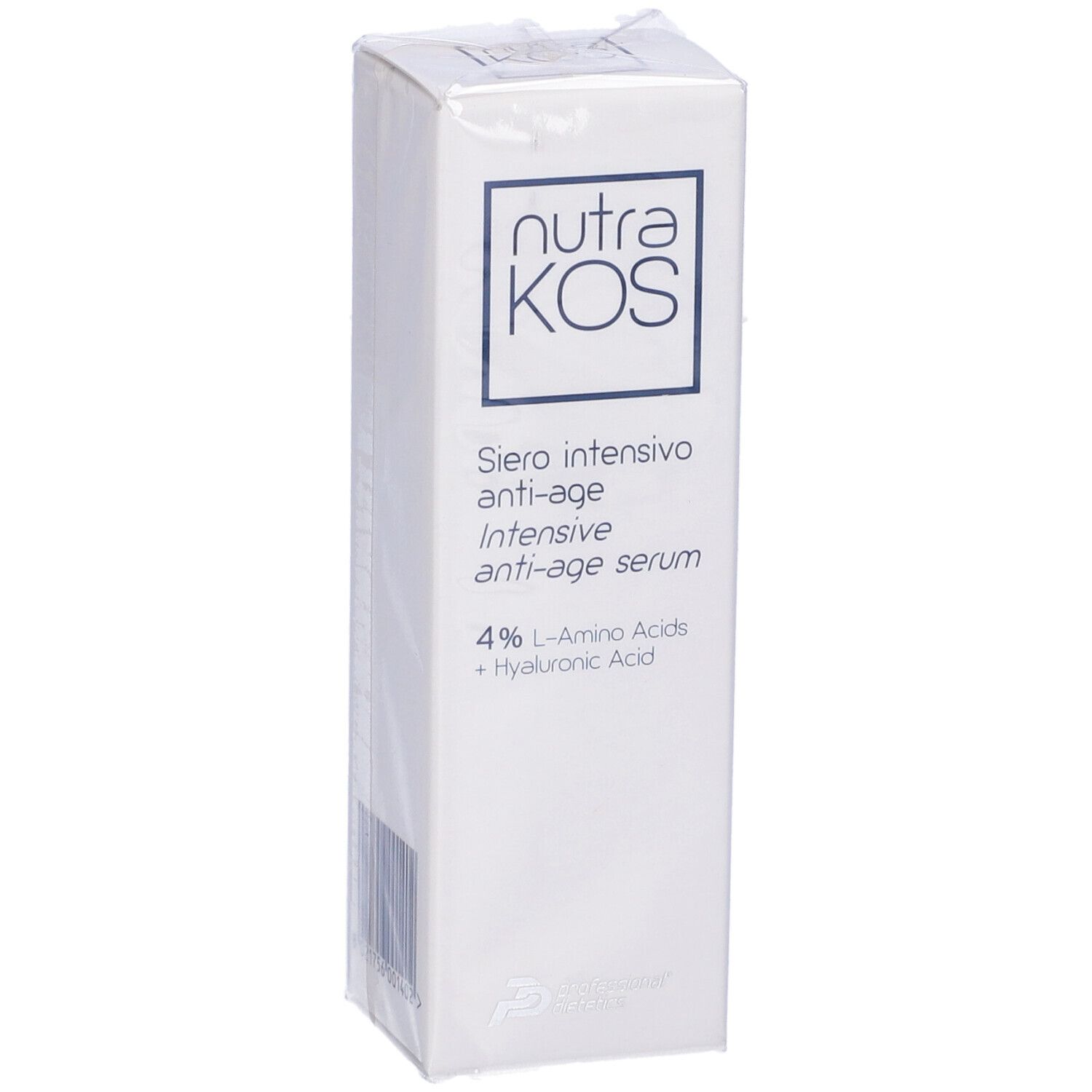 Scatola bianca con scritta: nutraKOS, Siero intensivo anti-age, 4% Aminoacidi L + Acido Ialuronico. Vista laterale.