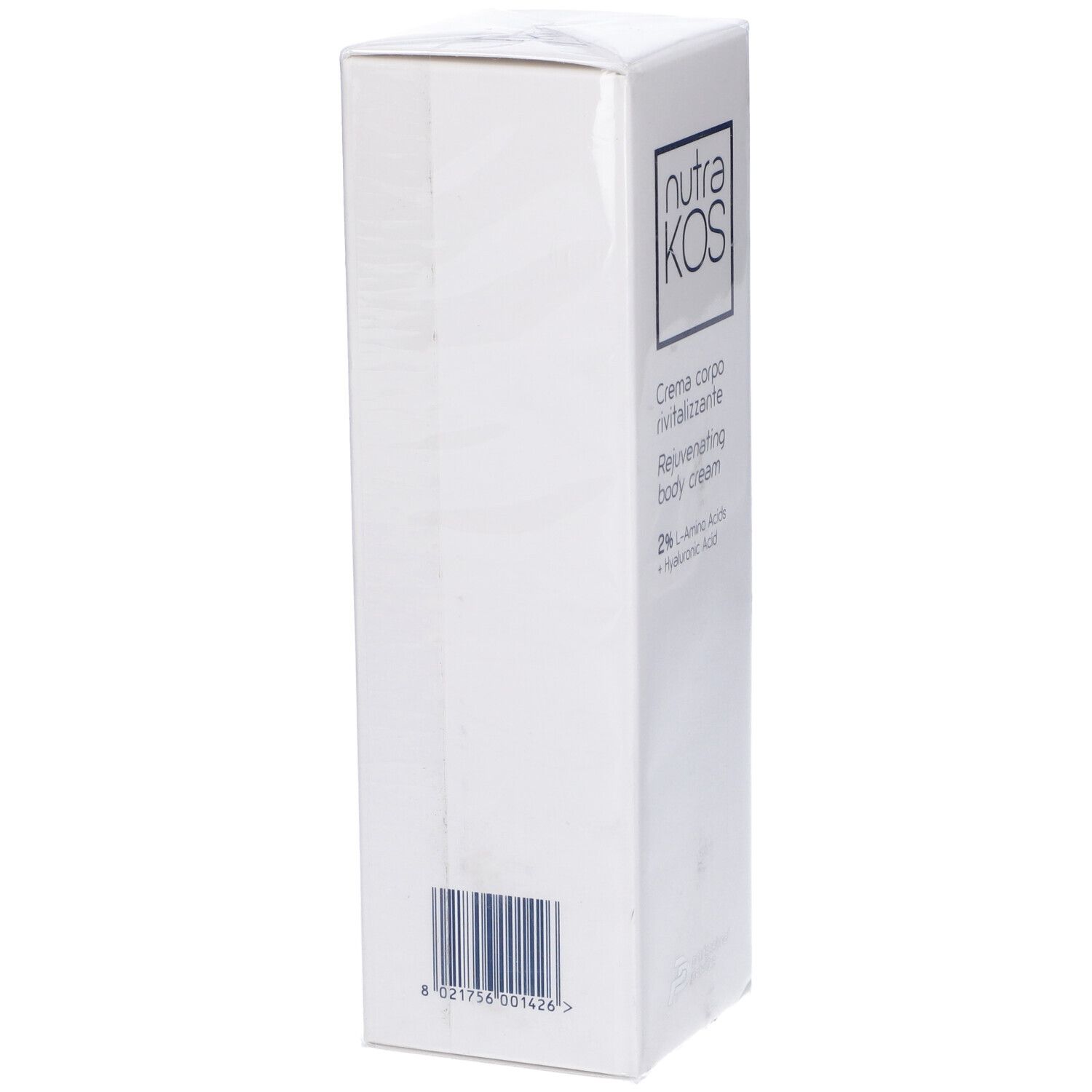 Scatola bianca con codice a barre. Scritta: Nutrakos, Creme corpo rivitalizzante, Rejuvenating body cream, 2% Aminoacidi + Acido Ialuronico.