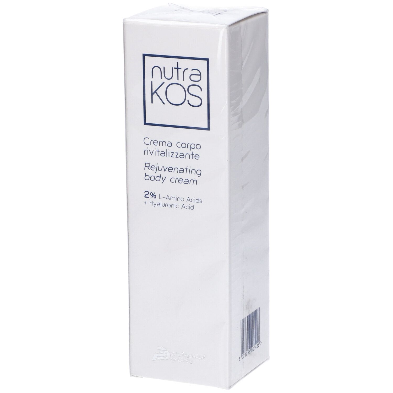 Scatola bianca. Scritta: Nutrakos, Creme corpo rivitalizzante, Rejuvenating body cream, 2% Aminoacidi + Acido Ialuronico.