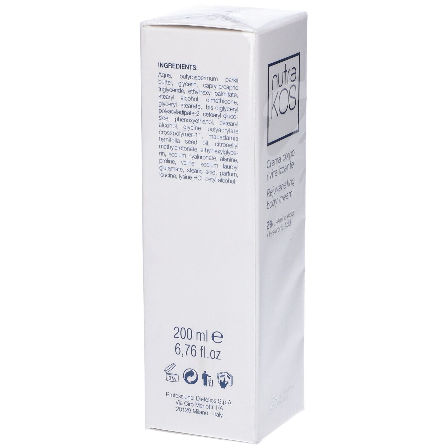 Scatola bianca con ingredienti e informazioni. Scritta: Nutrakos, Creme corpo rivitalizzante, Rejuvenating body cream, 2% Aminoacidi + Acido Ialuronico. 200 ml.