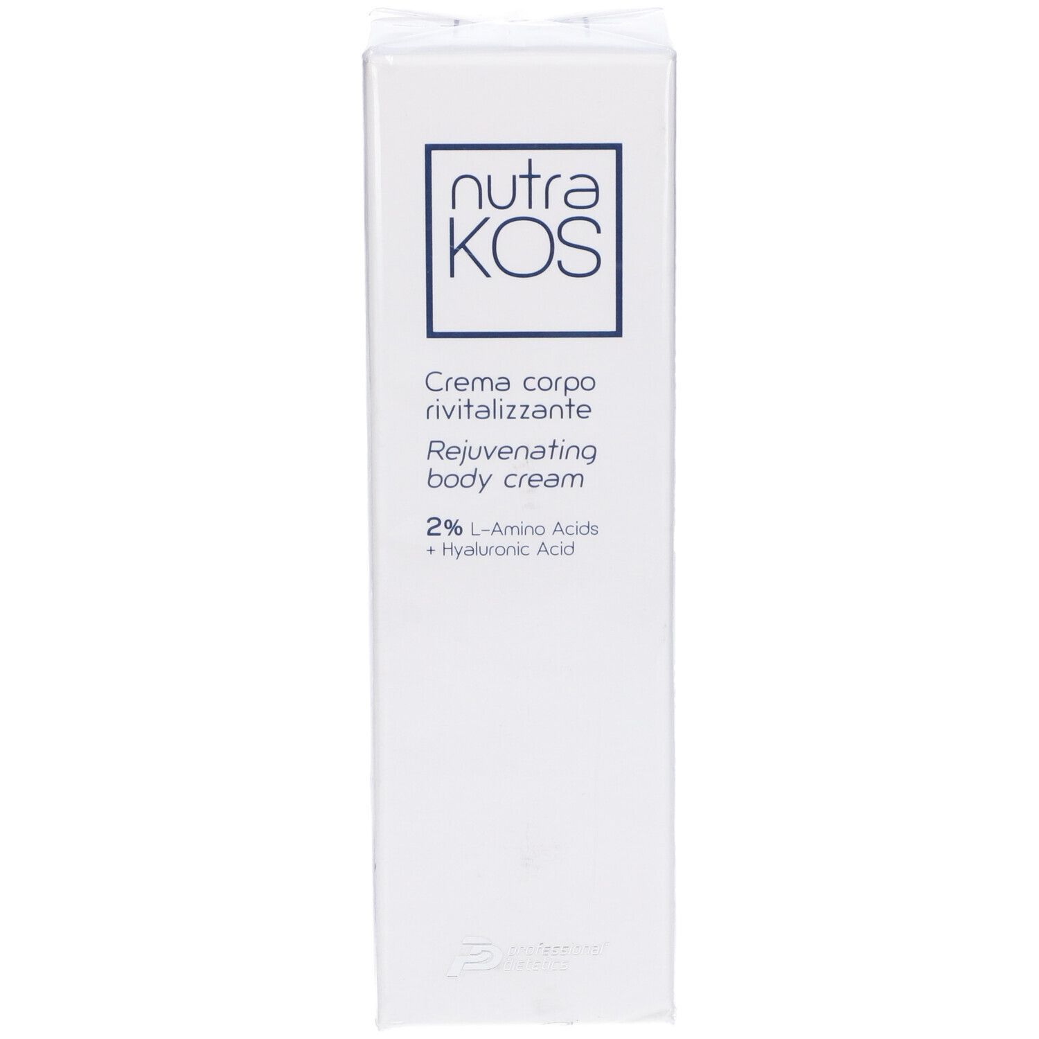 Scatola bianca. Scritta: Nutrakos, Creme corpo rivitalizzante, Rejuvenating body cream, 2% Aminoacidi + Acido Ialuronico.