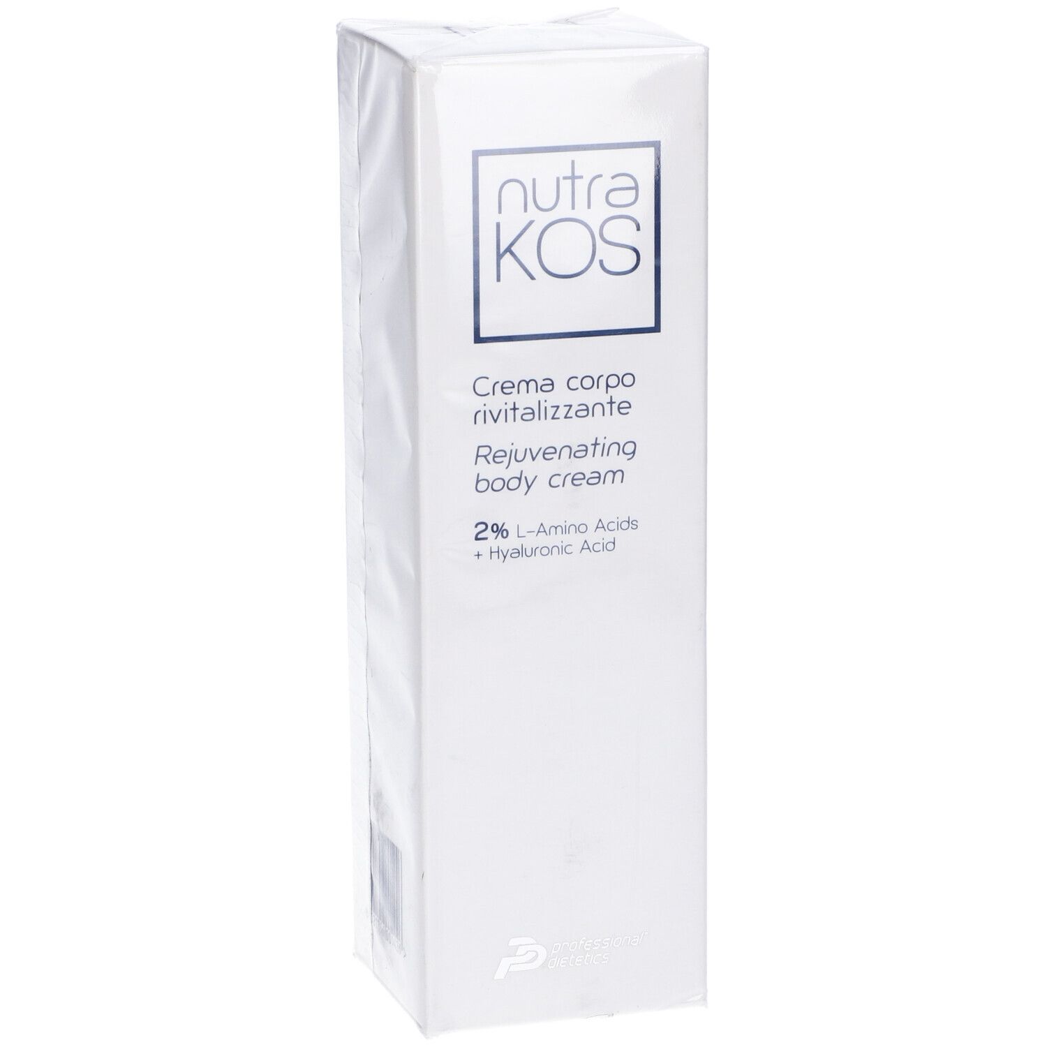 Scatola bianca. Scritta: Nutrakos, Creme corpo rivitalizzante, Rejuvenating body cream, 2% Aminoacidi + Acido Ialuronico.