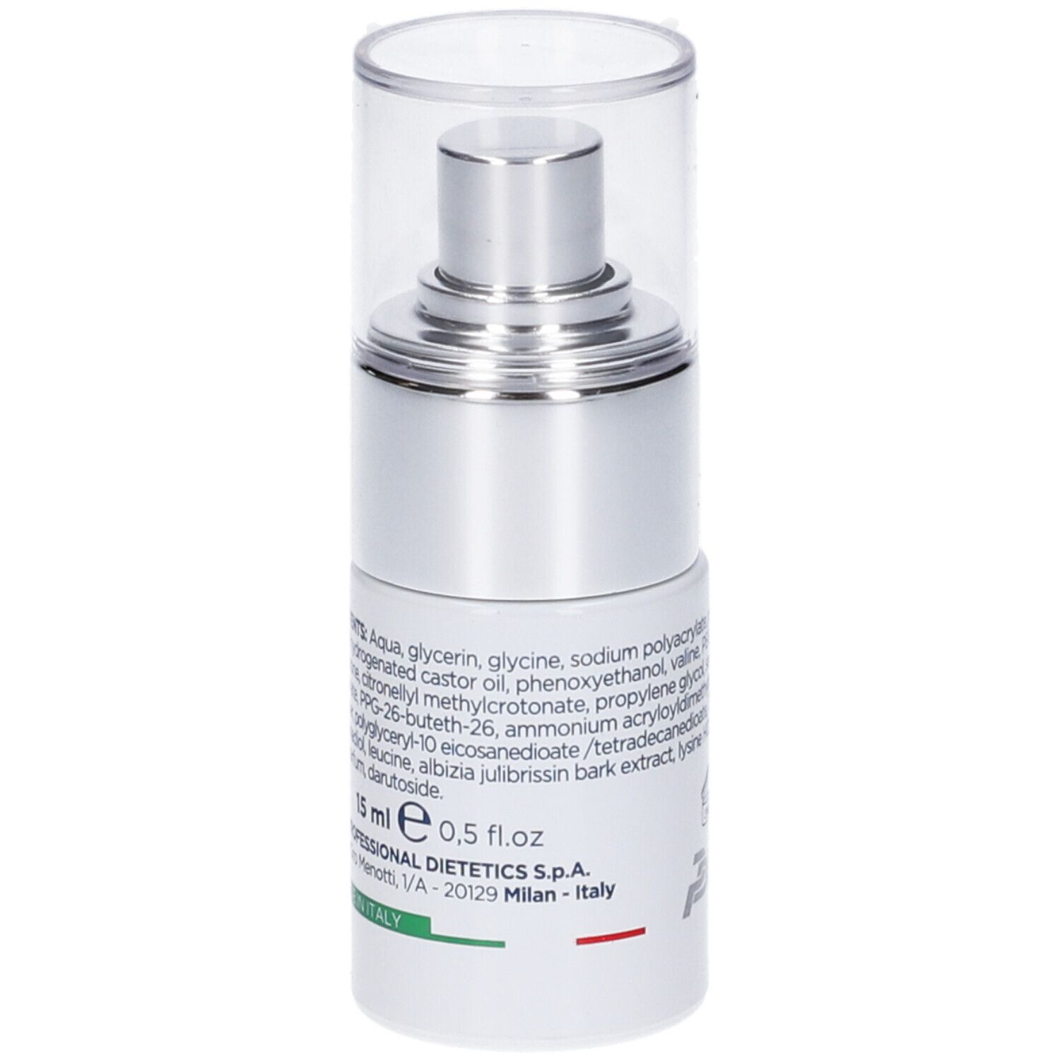 Retro del flacone argento. Testo con ingredienti, volume 15 ml e origine Italia. Marchio: Professional Dietetics.