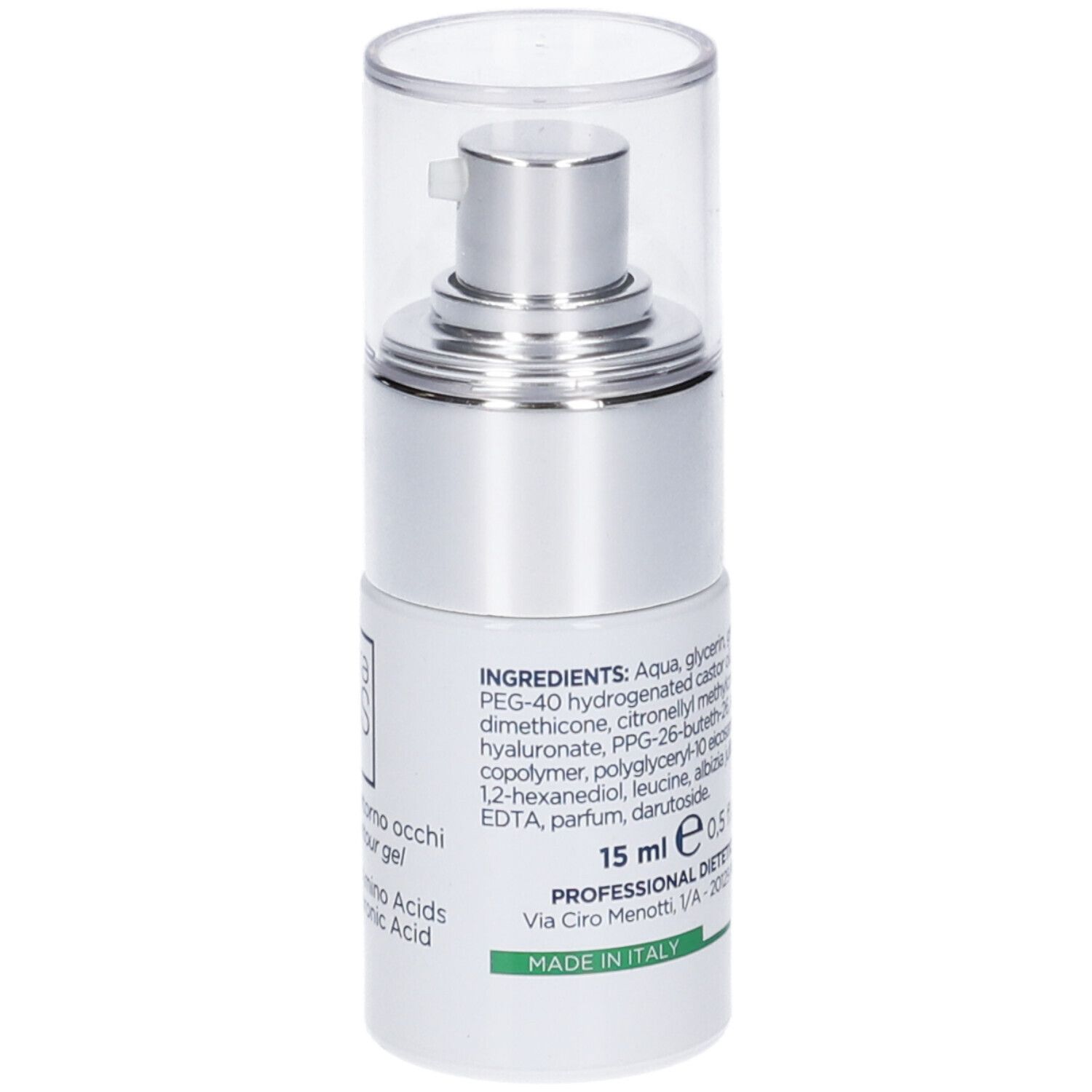 Retro del flacone argento. Testo con ingredienti, volume 15 ml e origine Italia. Marchio: Professional Dietetics.