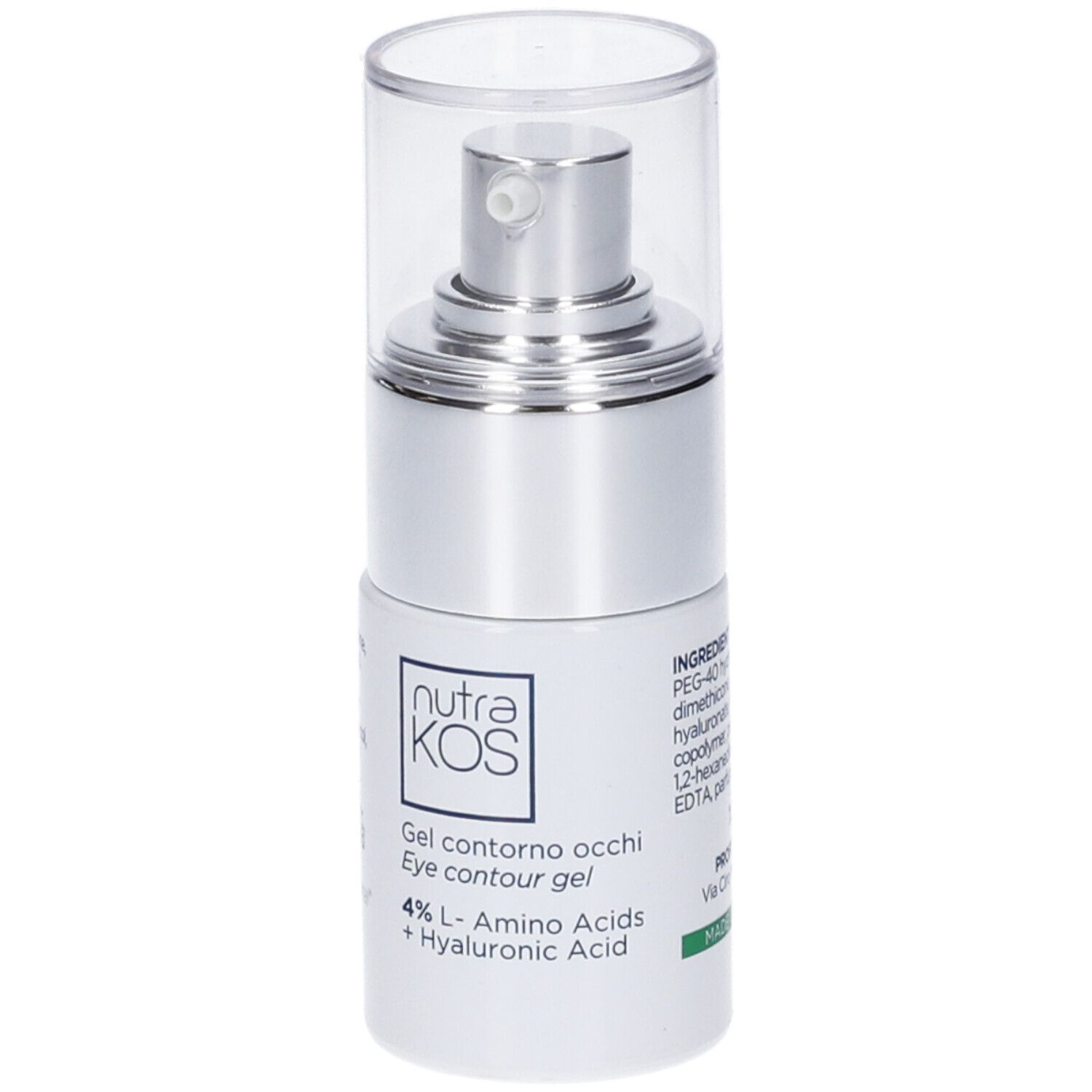 Flacone argento con erogatore e cappuccio trasparente. Scritta: NutraKos, Gel Contorno Occhi, 4% Aminoacidi L + Acido Ialuronico.