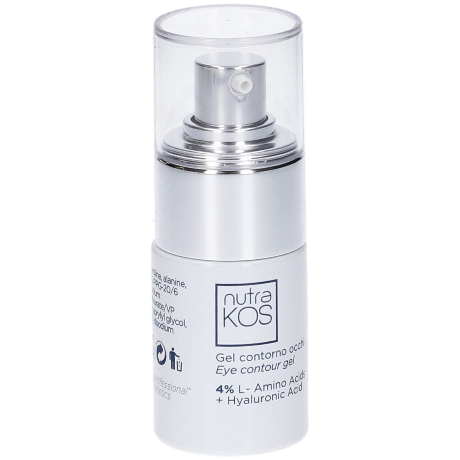 Flacone argento con erogatore e cappuccio trasparente. Scritta: NutraKos, Gel Contorno Occhi, 4% Aminoacidi L + Acido Ialuronico.