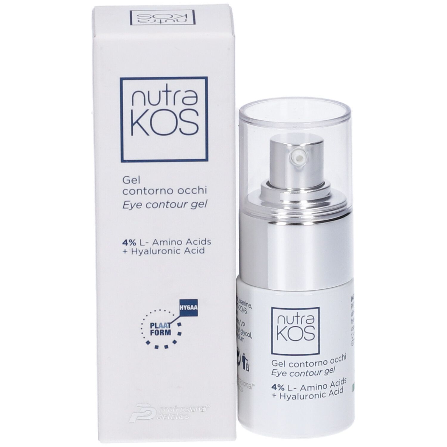 Flacone e confezione del prodotto. Scritta: NutraKos, Gel Contorno Occhi, 4% Aminoacidi L + Acido Ialuronico. Confezione con logo.