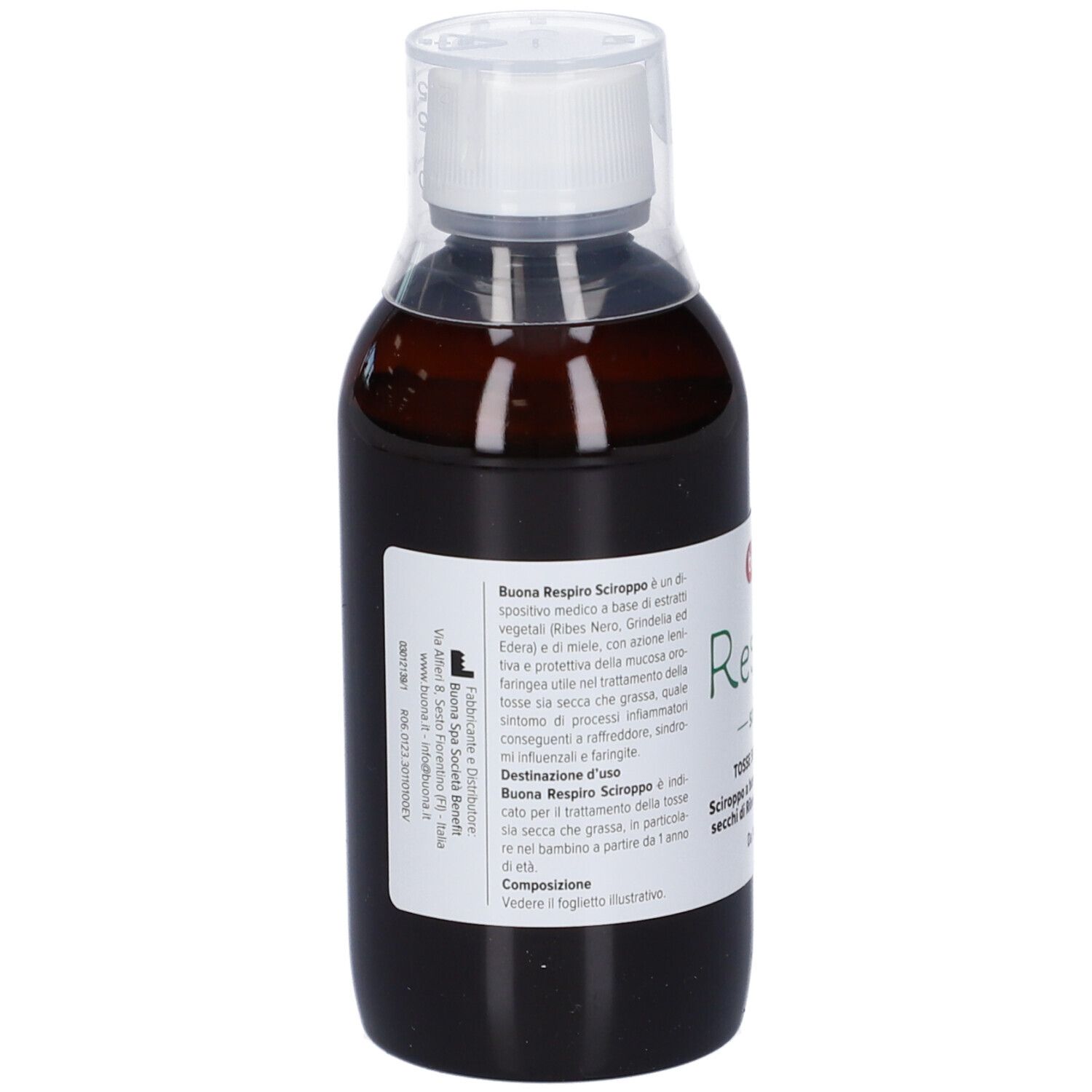 Flacone marrone con tappo bianco. Etichetta con informazioni sul prodotto e marchio CE.