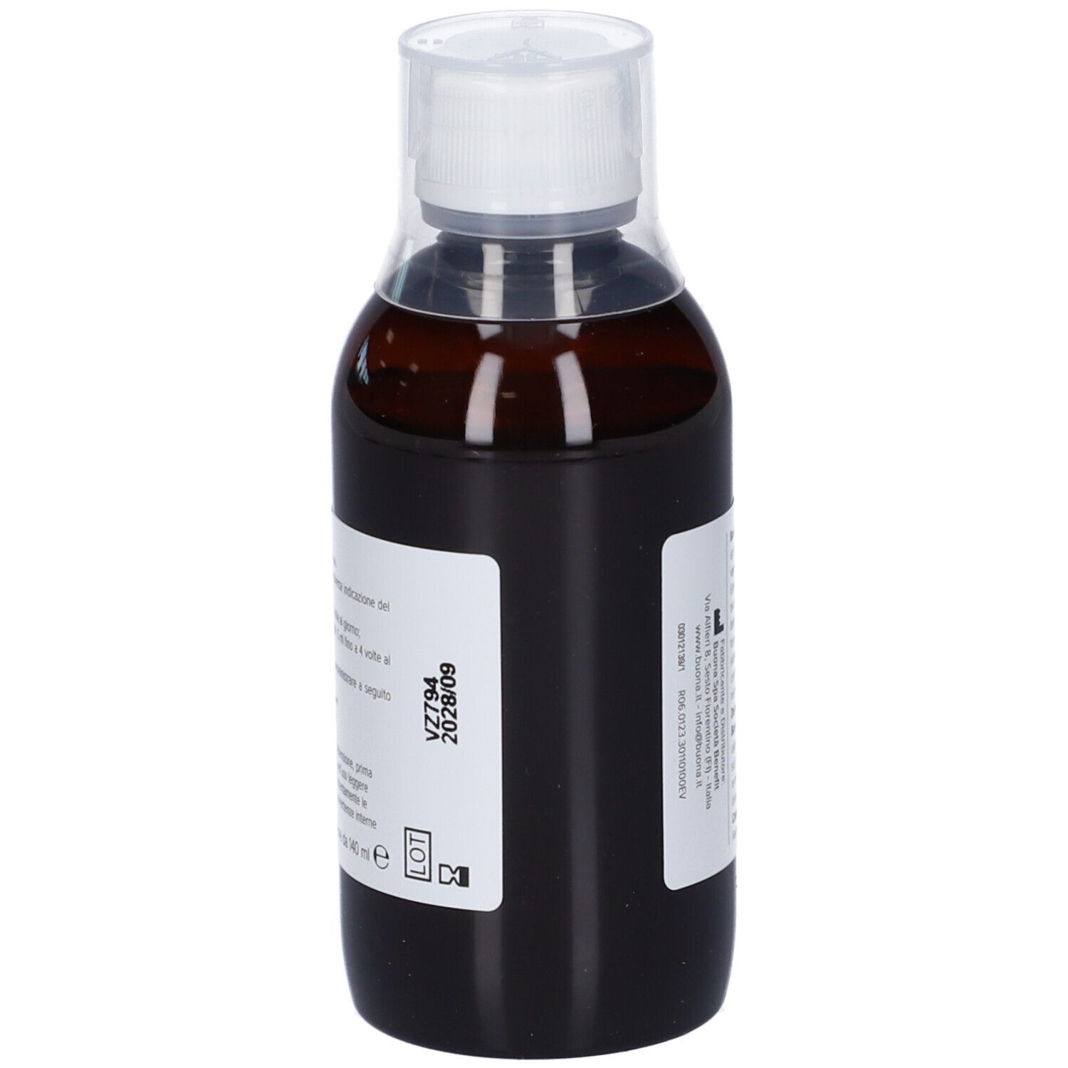Flacone marrone con tappo bianco. Etichetta con informazioni sul prodotto e numero di lotto.