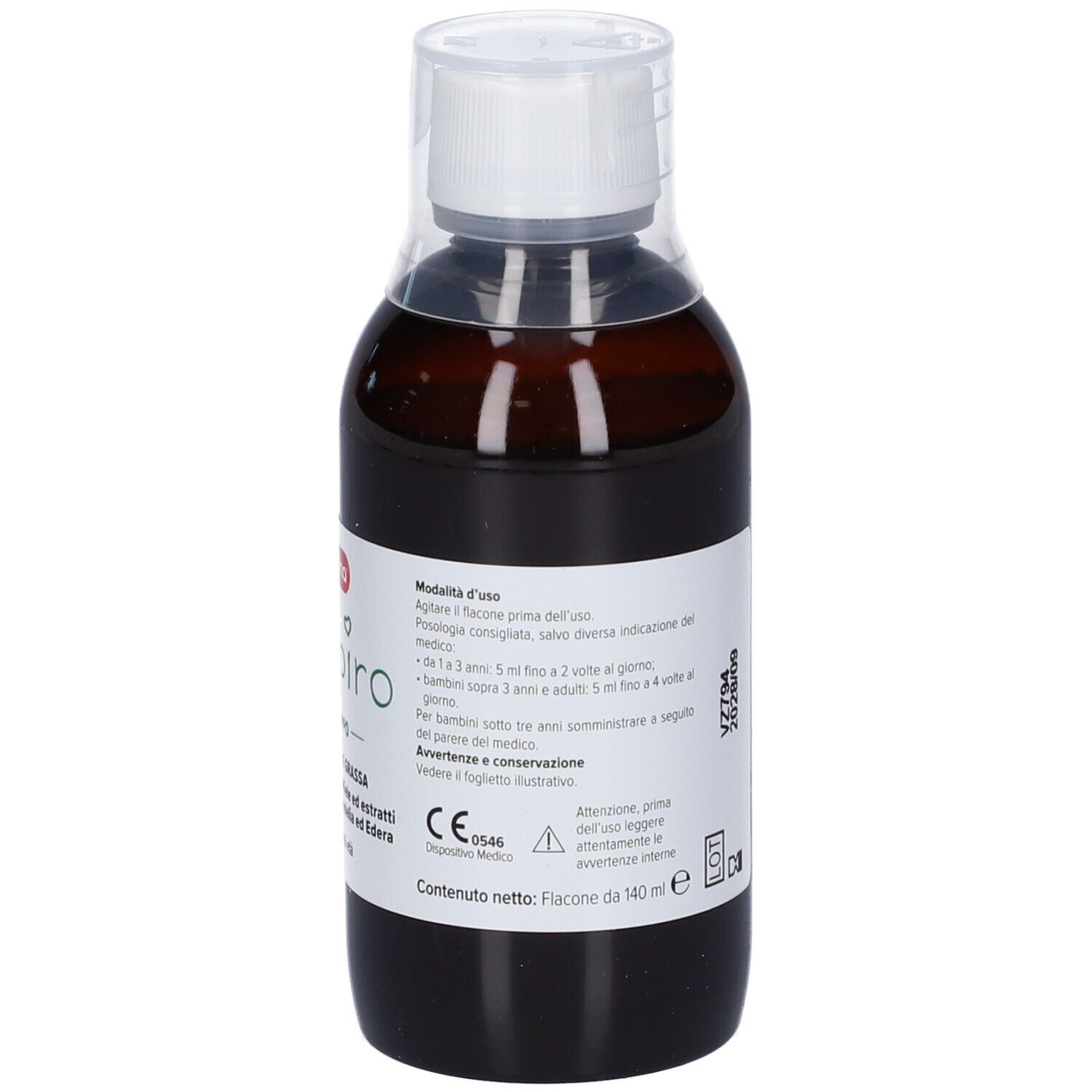 Flacone marrone con tappo bianco. Etichetta con modalità d'uso e marchio CE.