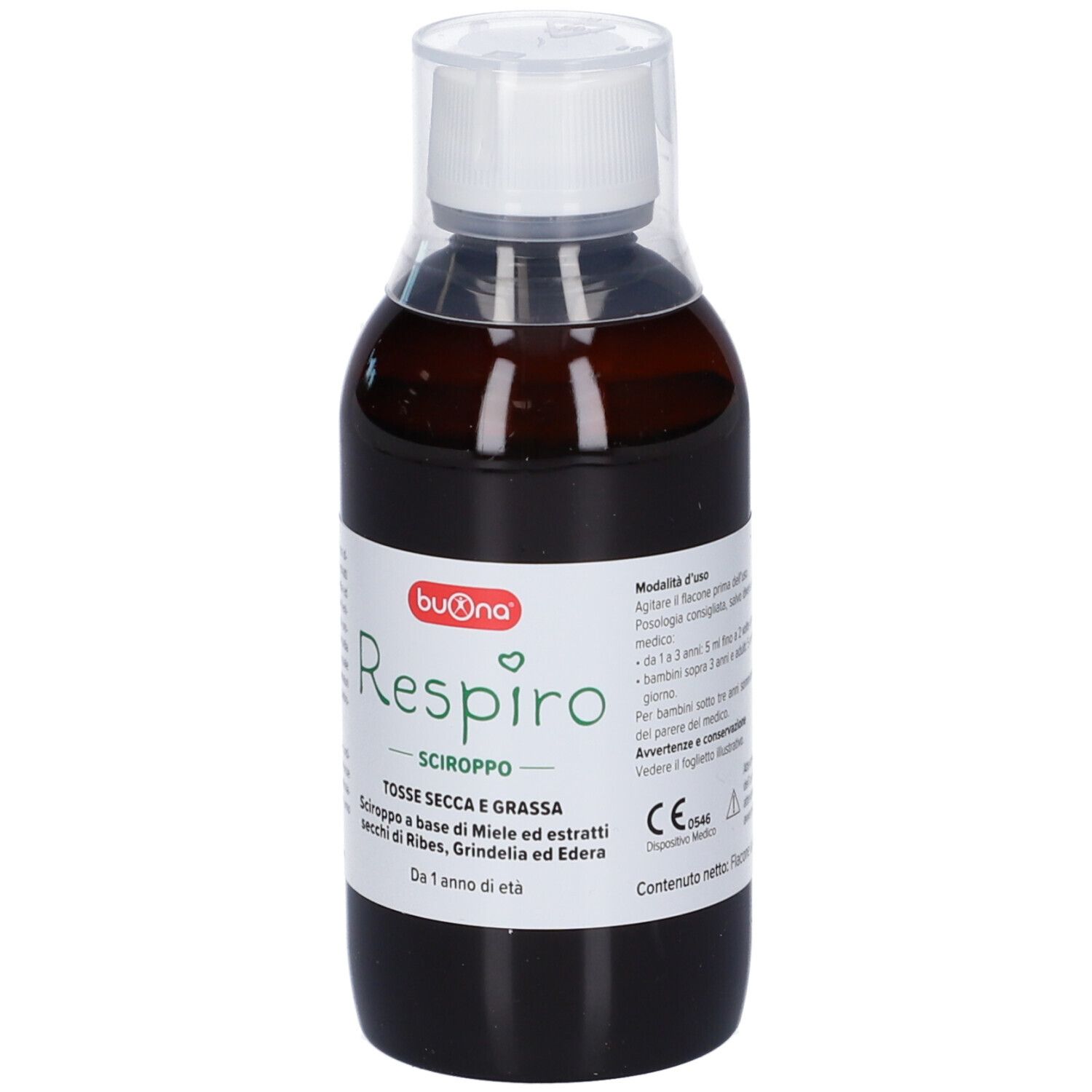 Flacone marrone con tappo bianco. Etichetta con nome del prodotto e ingredienti. Marchio CE.