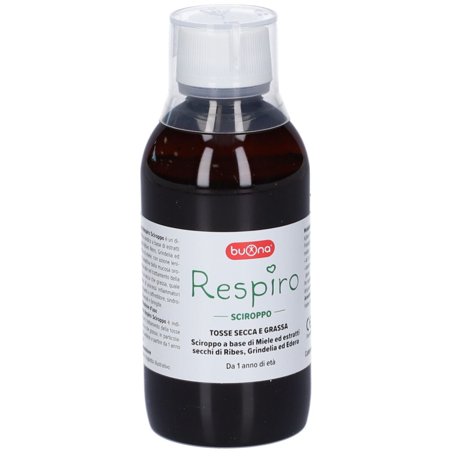 Flacone marrone con tappo bianco. Etichetta con informazioni sul prodotto e marchio CE.