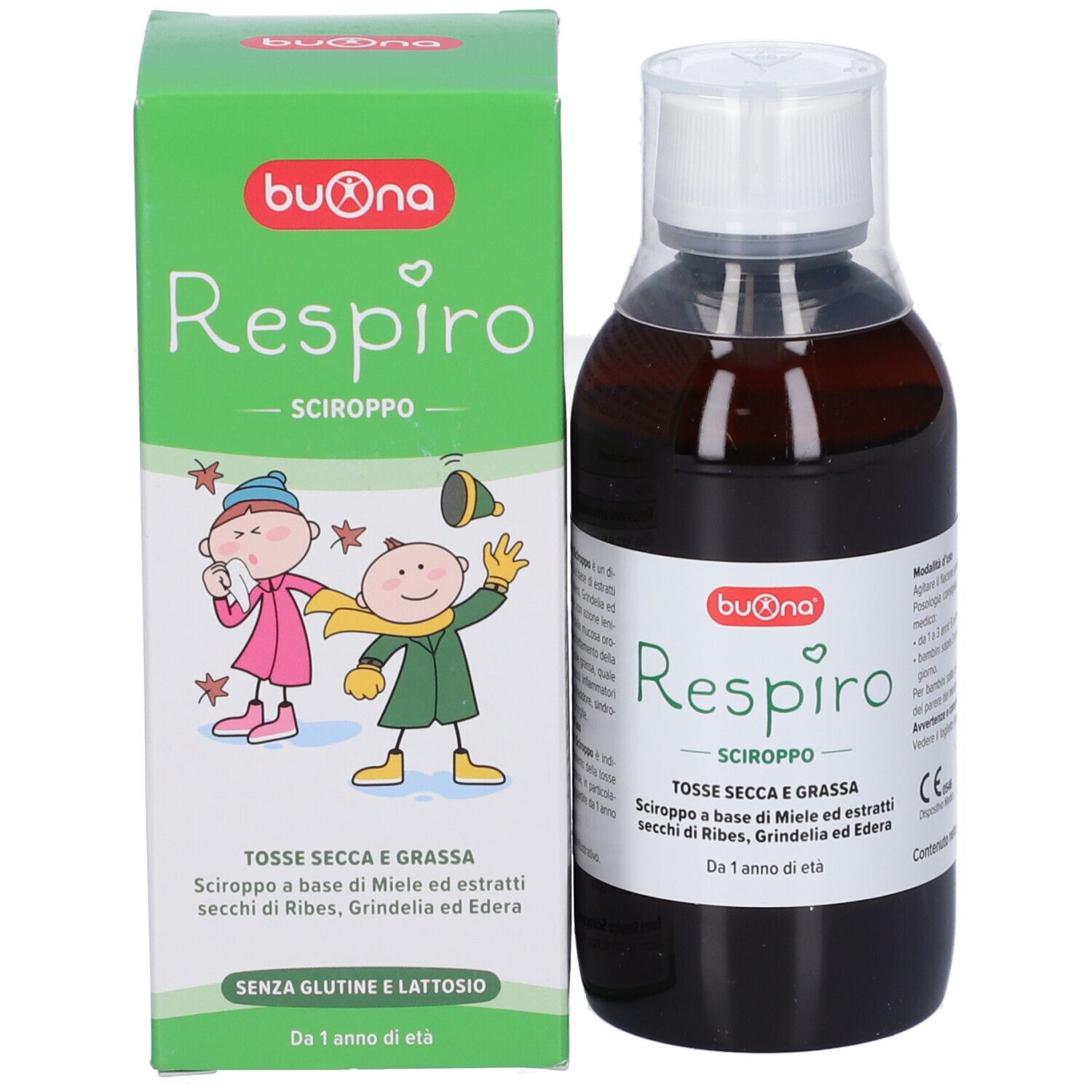 Flacone e scatola del prodotto. Scatola con nome del prodotto e illustrazioni. Flacone con tappo bianco.