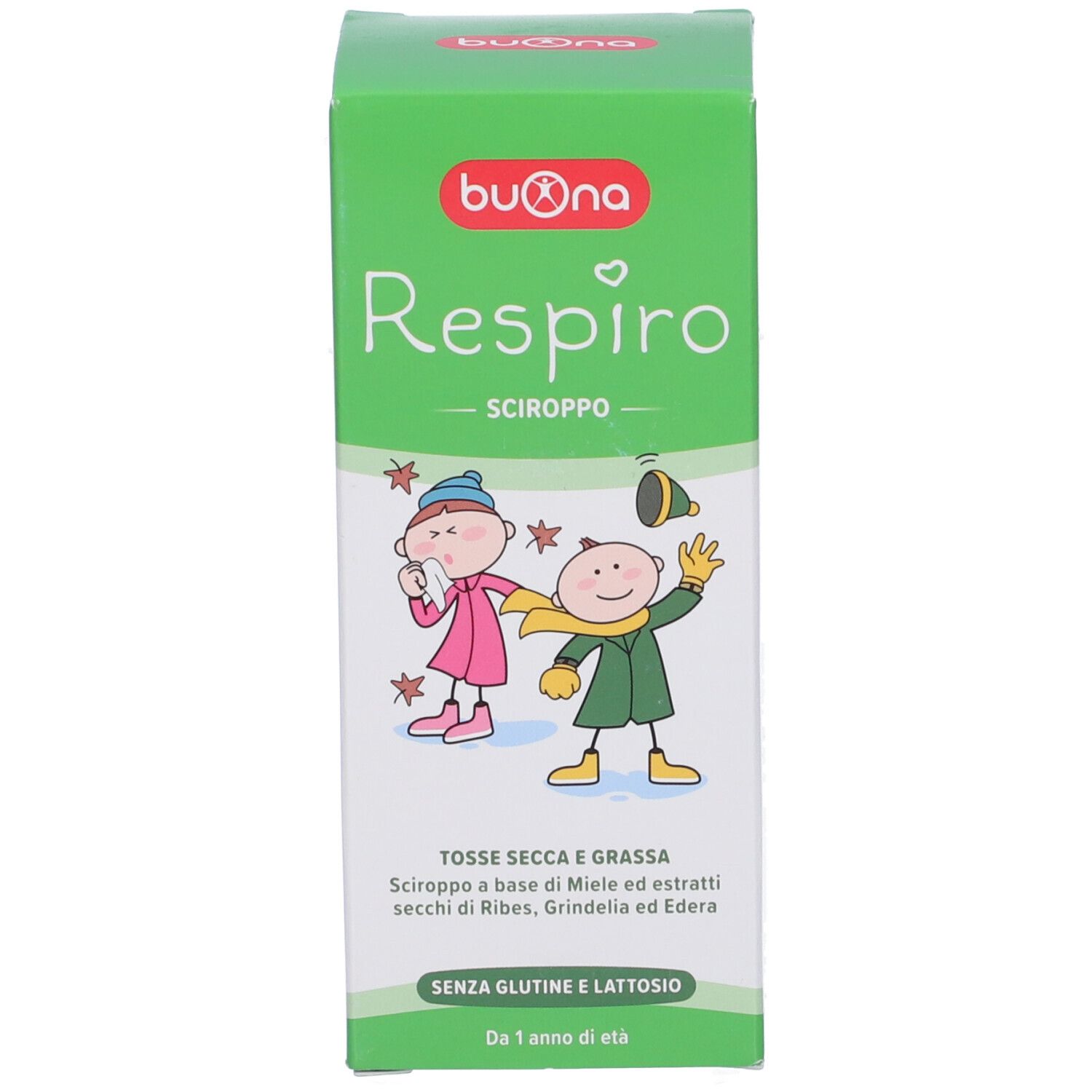 Scatola verde con nome del prodotto e illustrazioni. Contiene informazioni sul prodotto.