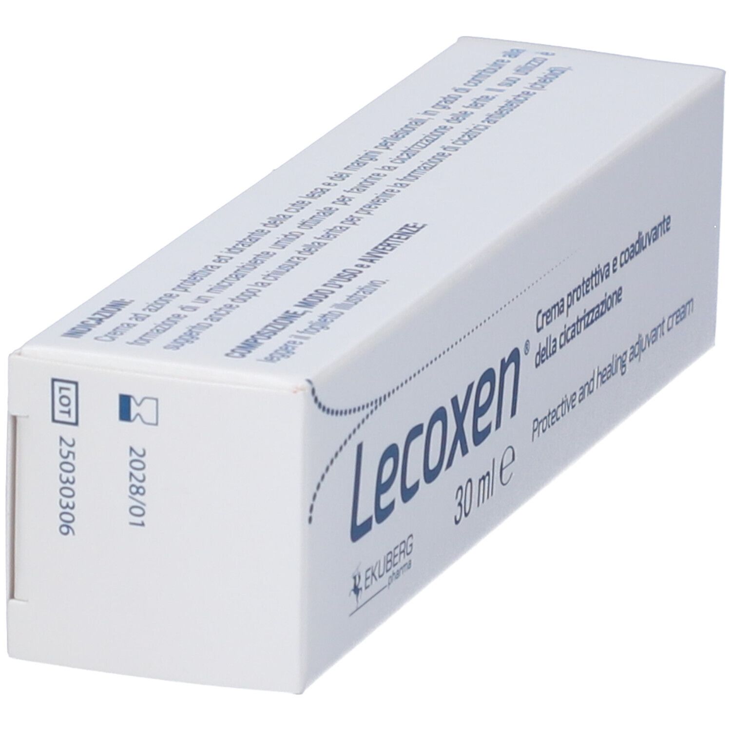 Scatola bianca inclinata. Scritto: Lecoxen, 30 ml e. Visibile: numero di lotto e data di scadenza.