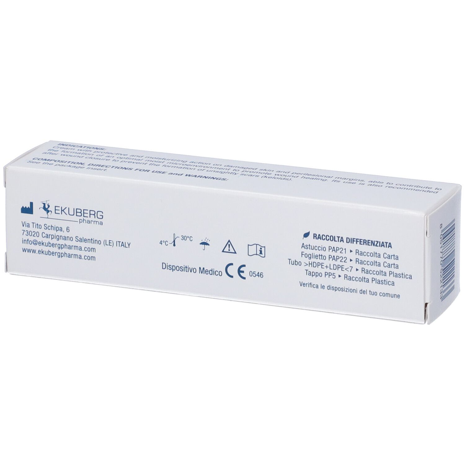 Retro della scatola bianca. Testo multilingue. Visibile: indirizzo del produttore e istruzioni per il riciclaggio.