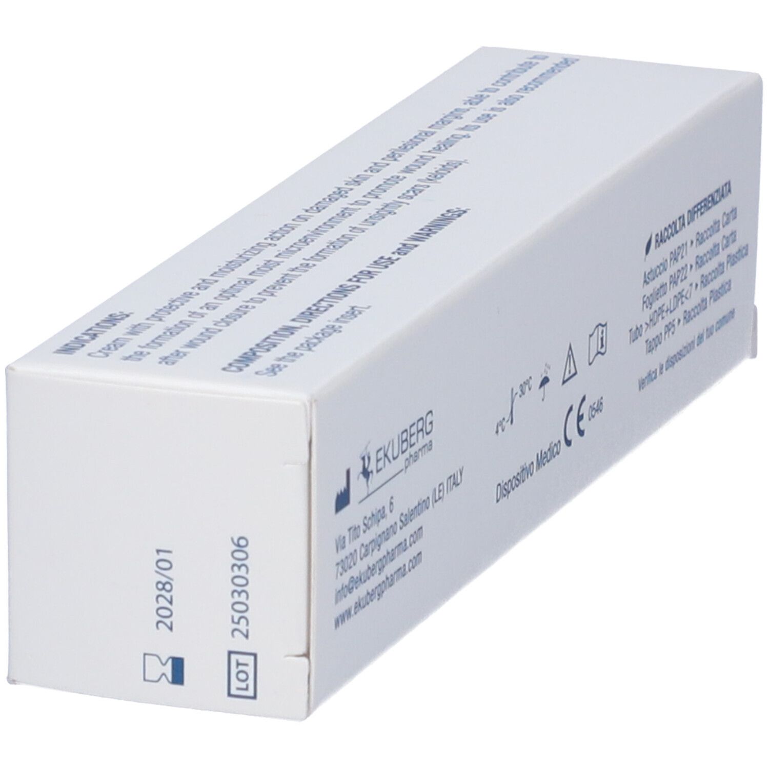 Scatola bianca inclinata. Scritto: Lecoxen, 30 ml e. Visibile: numero di lotto e data di scadenza.