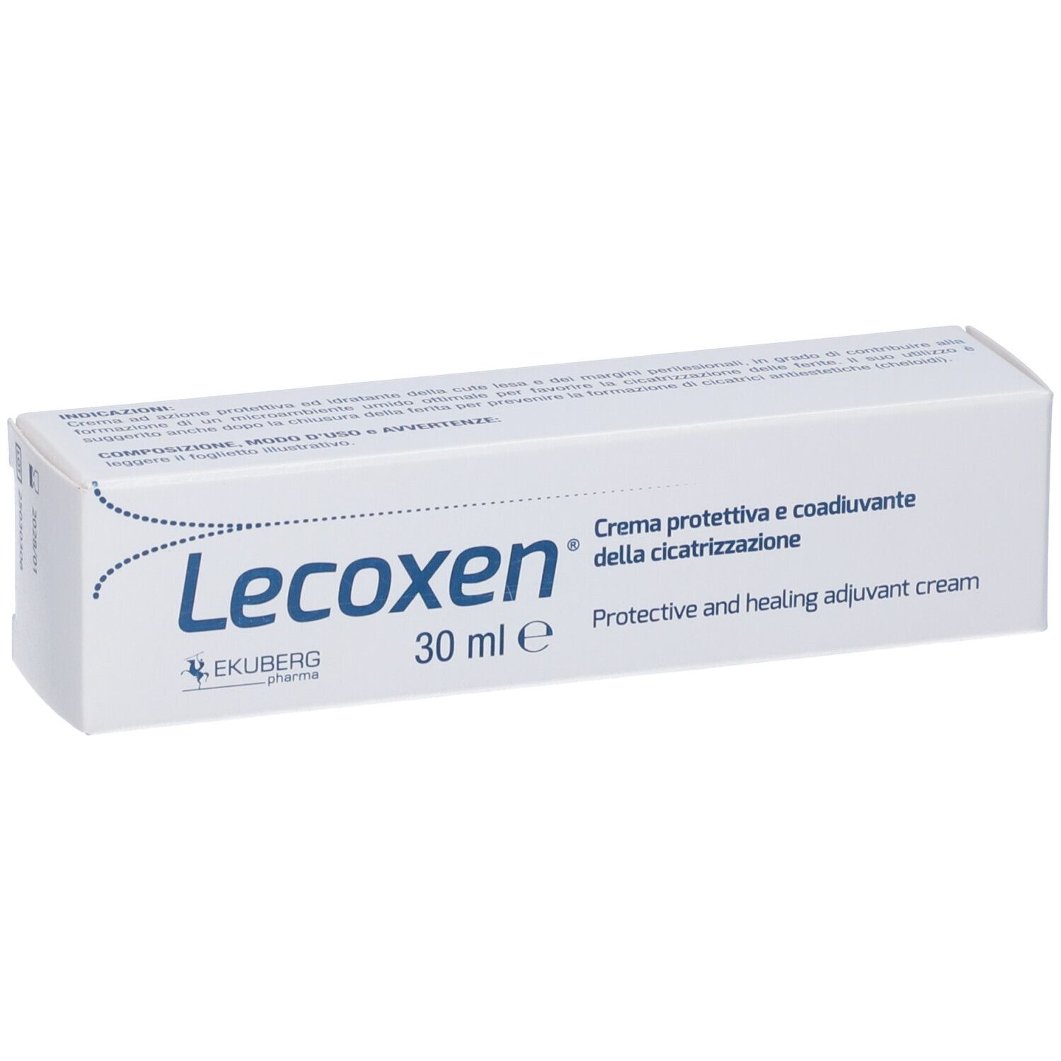 Scatola bianca con scritte blu e nere. Scritto: Lecoxen, 30 ml e, crema protettiva e coadiuvante.