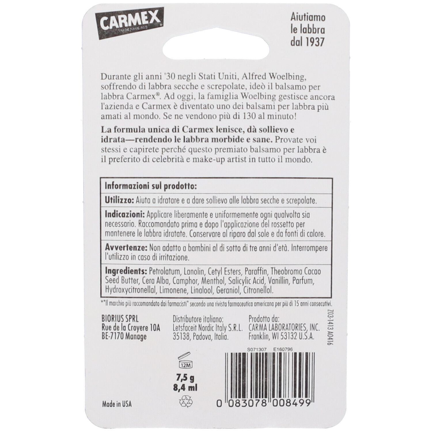 Retro della confezione Carmex Classic. Informazioni testuali in italiano. Contiene informazioni sul prodotto e ingredienti.