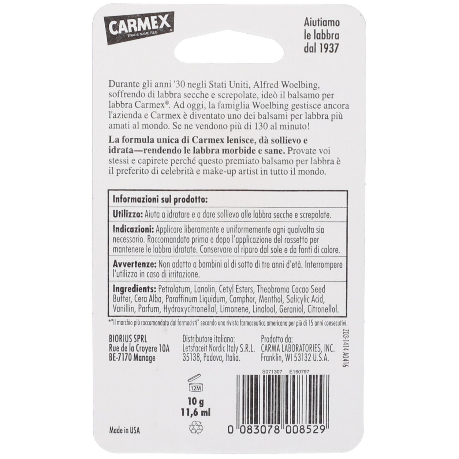 Retro della confezione CARMEX CLASSICO. Testo: Informazioni sul prodotto, ingredienti, 10 g, 11,6 ml. Codice a barre e logo.